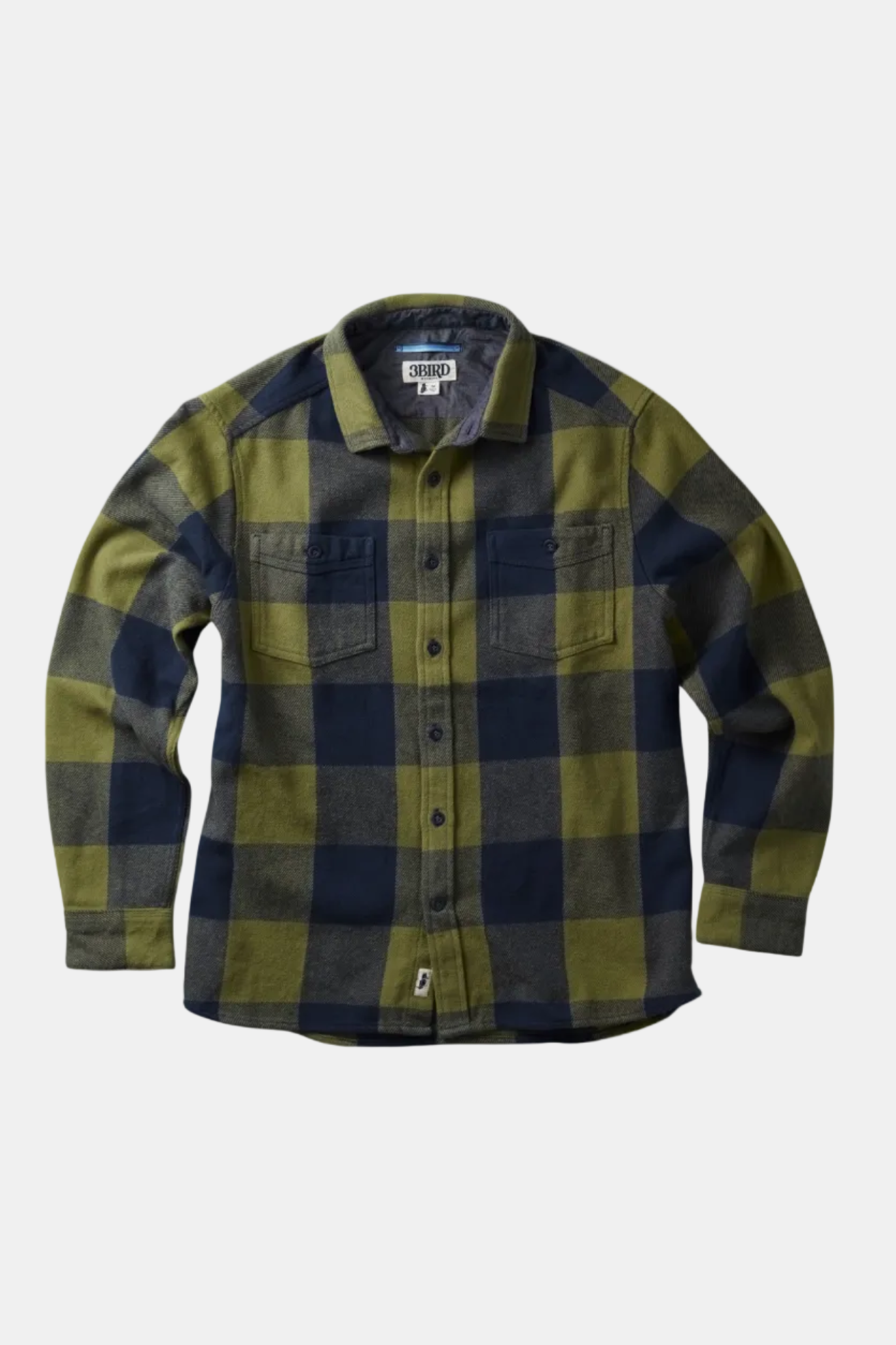 Plaid shirt with green and blue pattern on a white background