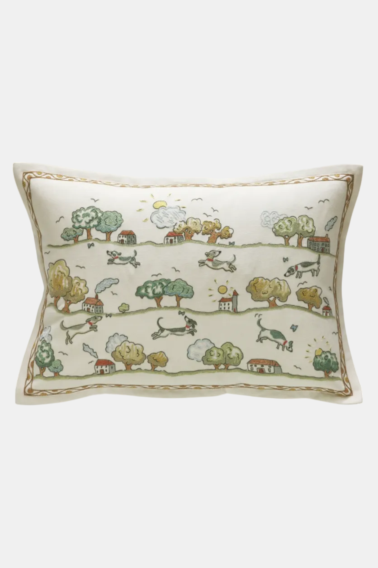 Decorative pillow with cartoon animal designs on a white background
