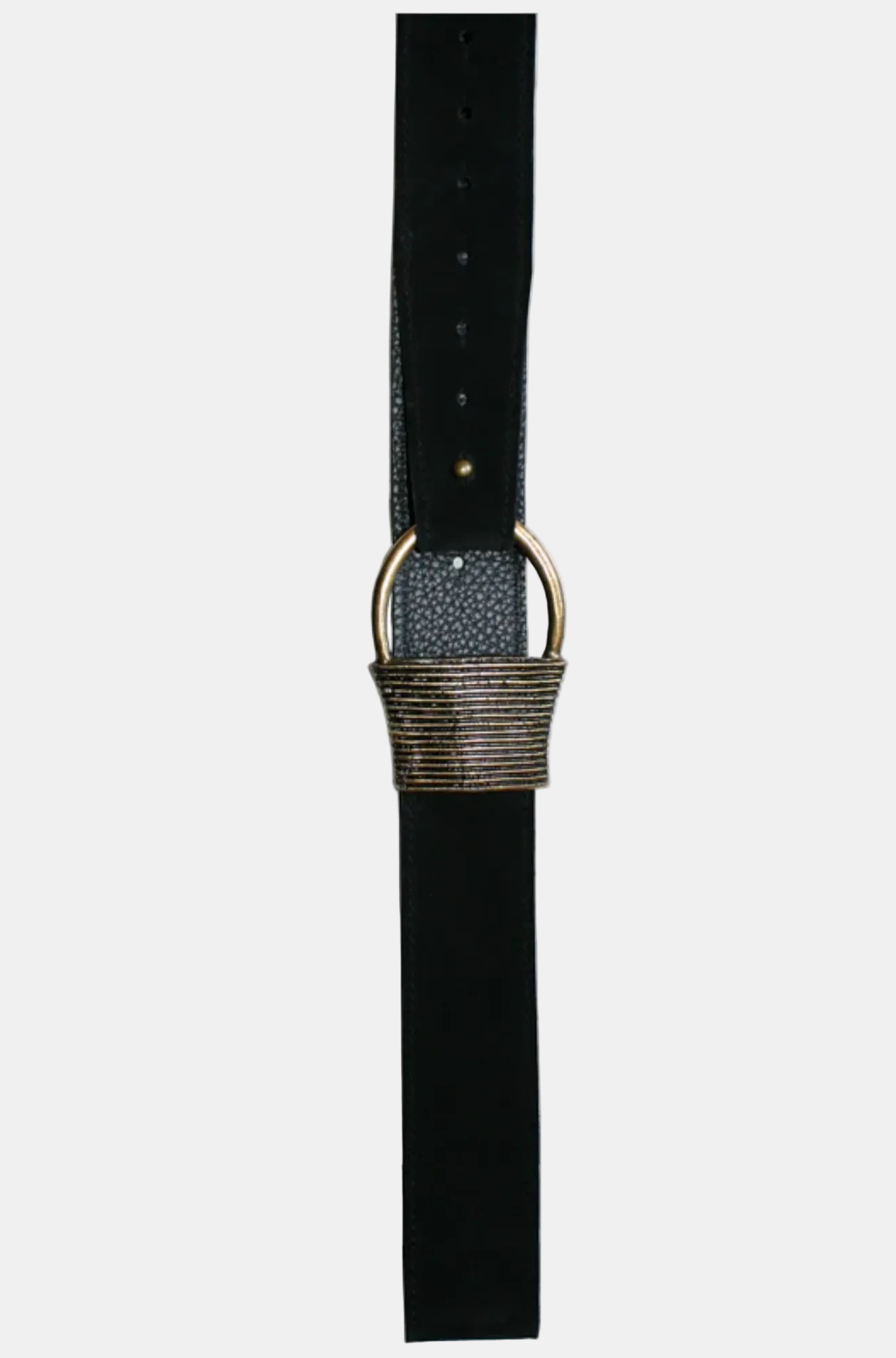 Black belt with a decorative silver buckle on a white background