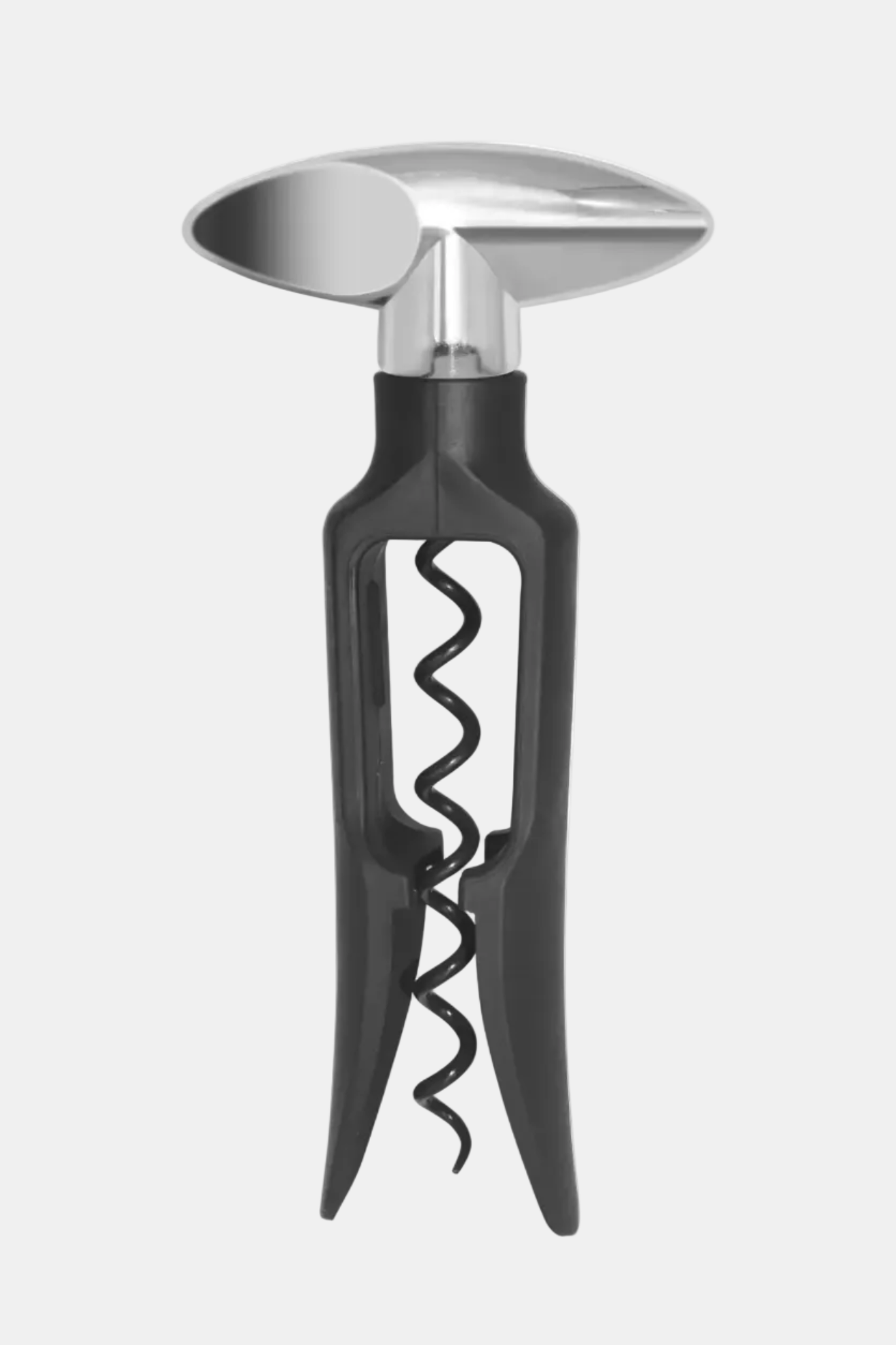 Corkscrew with black handle and silver top on a white background