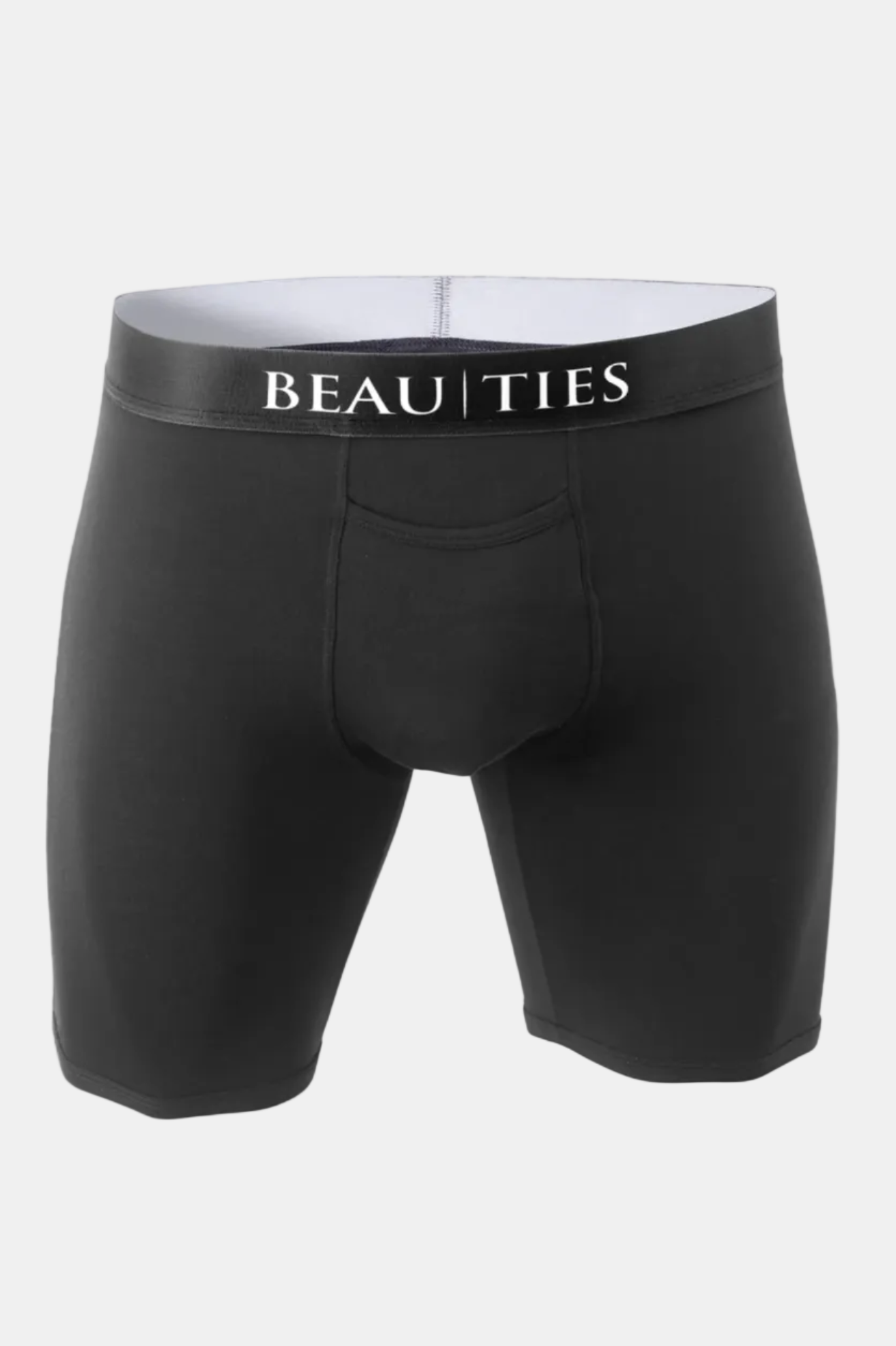 Black boxer briefs with a 'BEAU|TIES' waistband on a white background