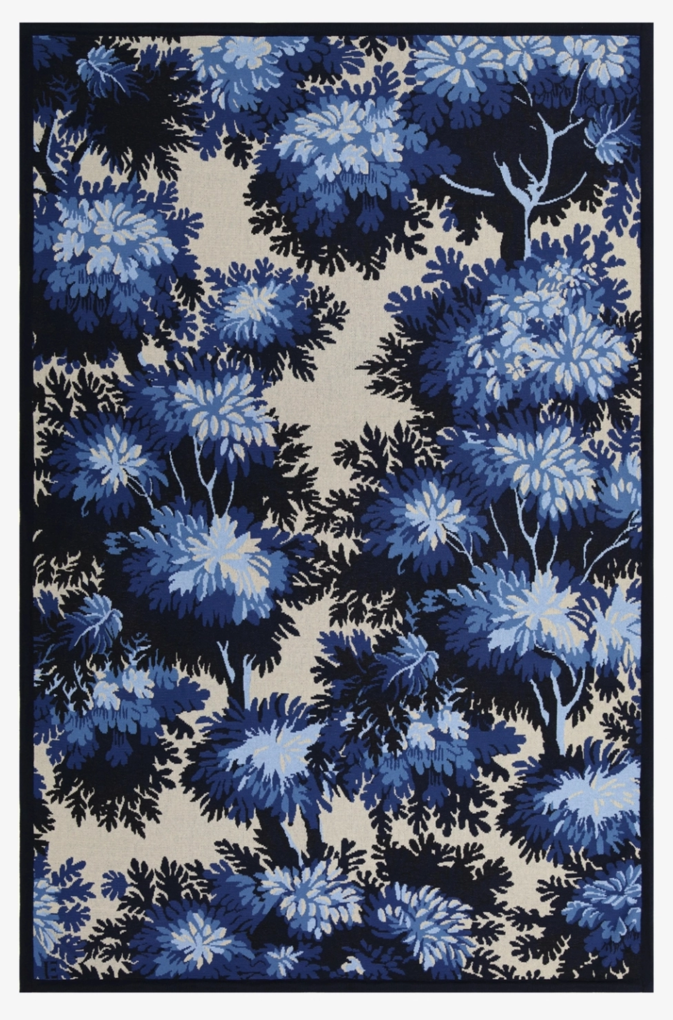 Floral patterned rug with blue flowers on a beige background