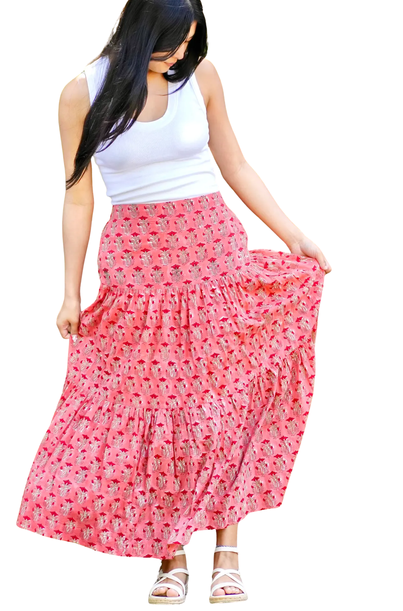 Block Printed Tiered Cotton Skirt-Coral 
