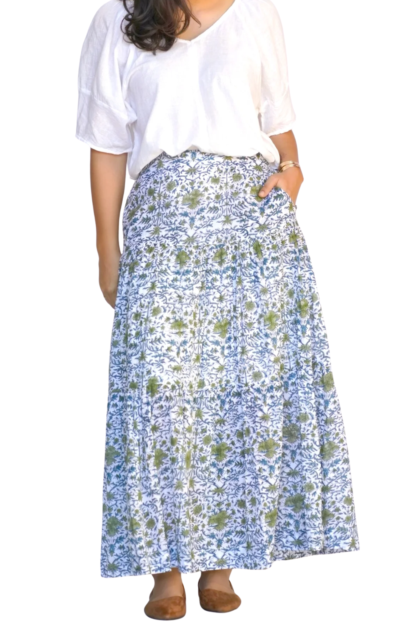 Block Printed Tiered Cotton Skirt-Teal Olive