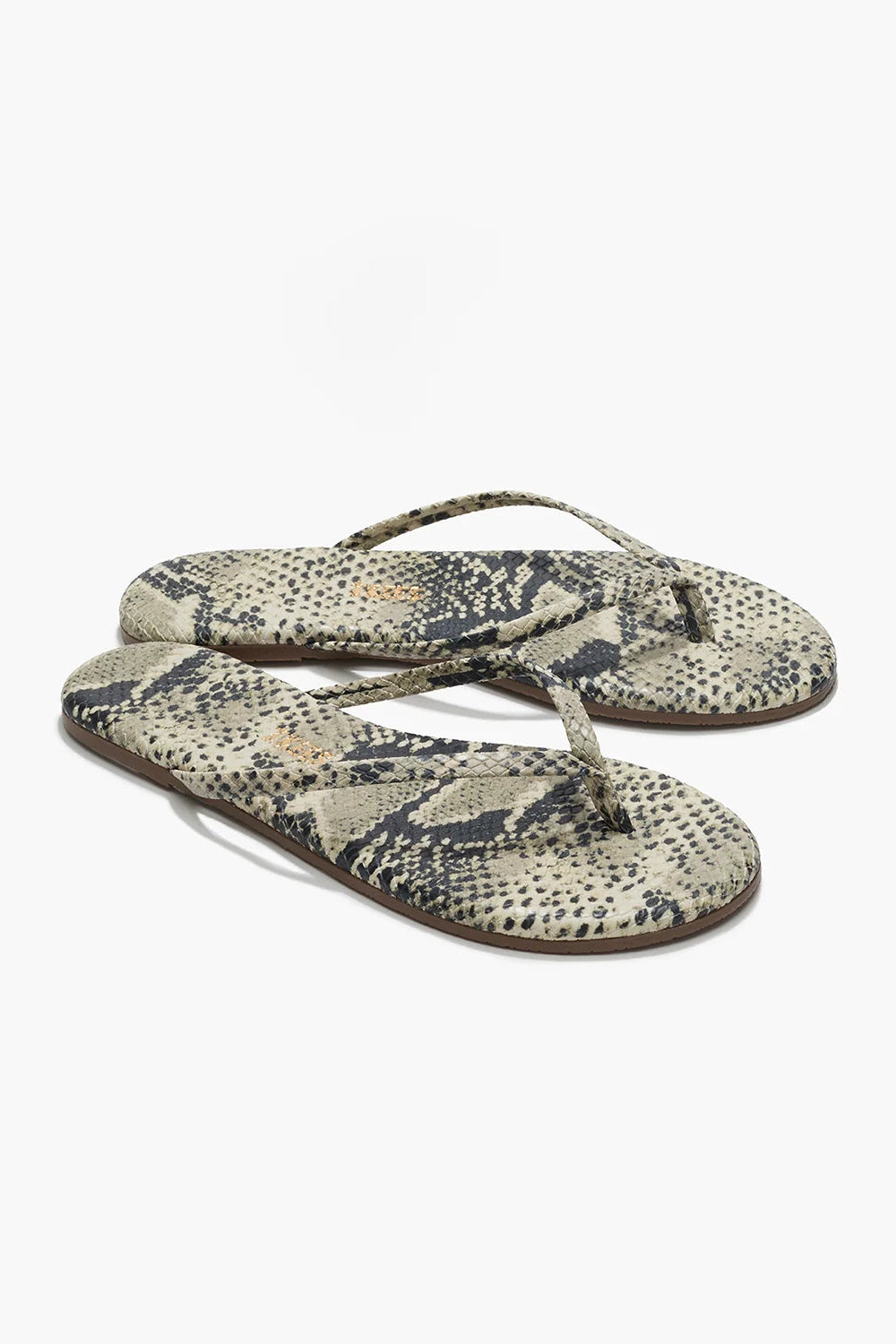 Pair of snake print flip-flops on a white background
