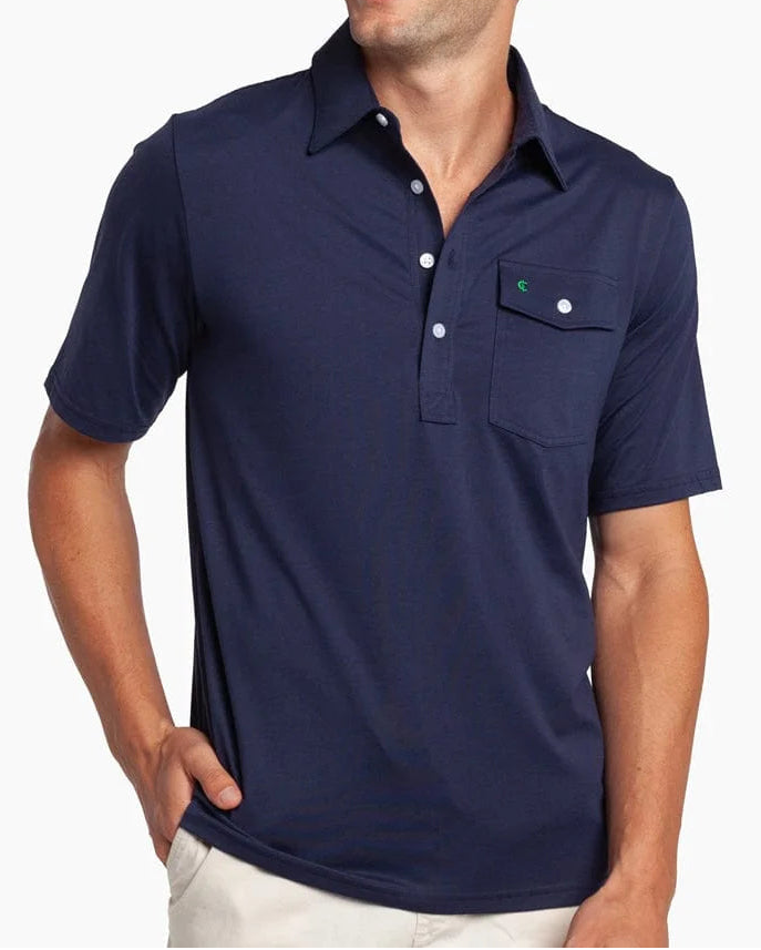 Man wearing a navy blue polo shirt on a white background
