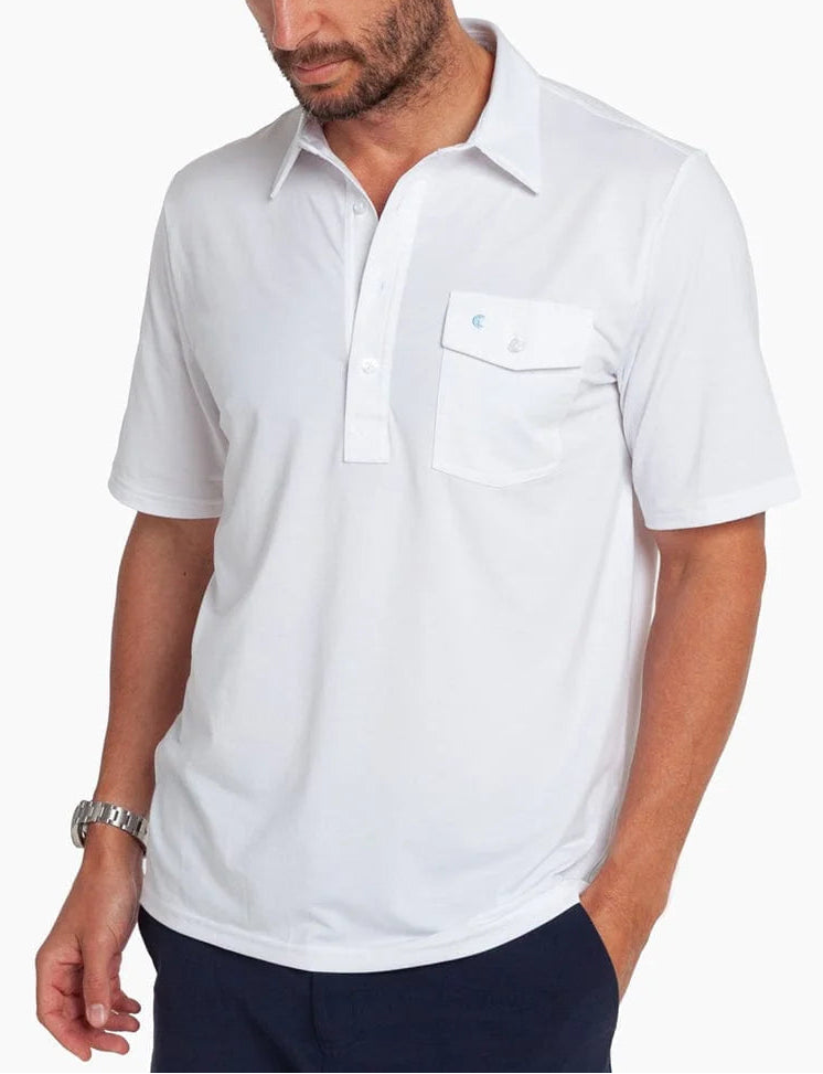 Man wearing a white polo shirt on a white background