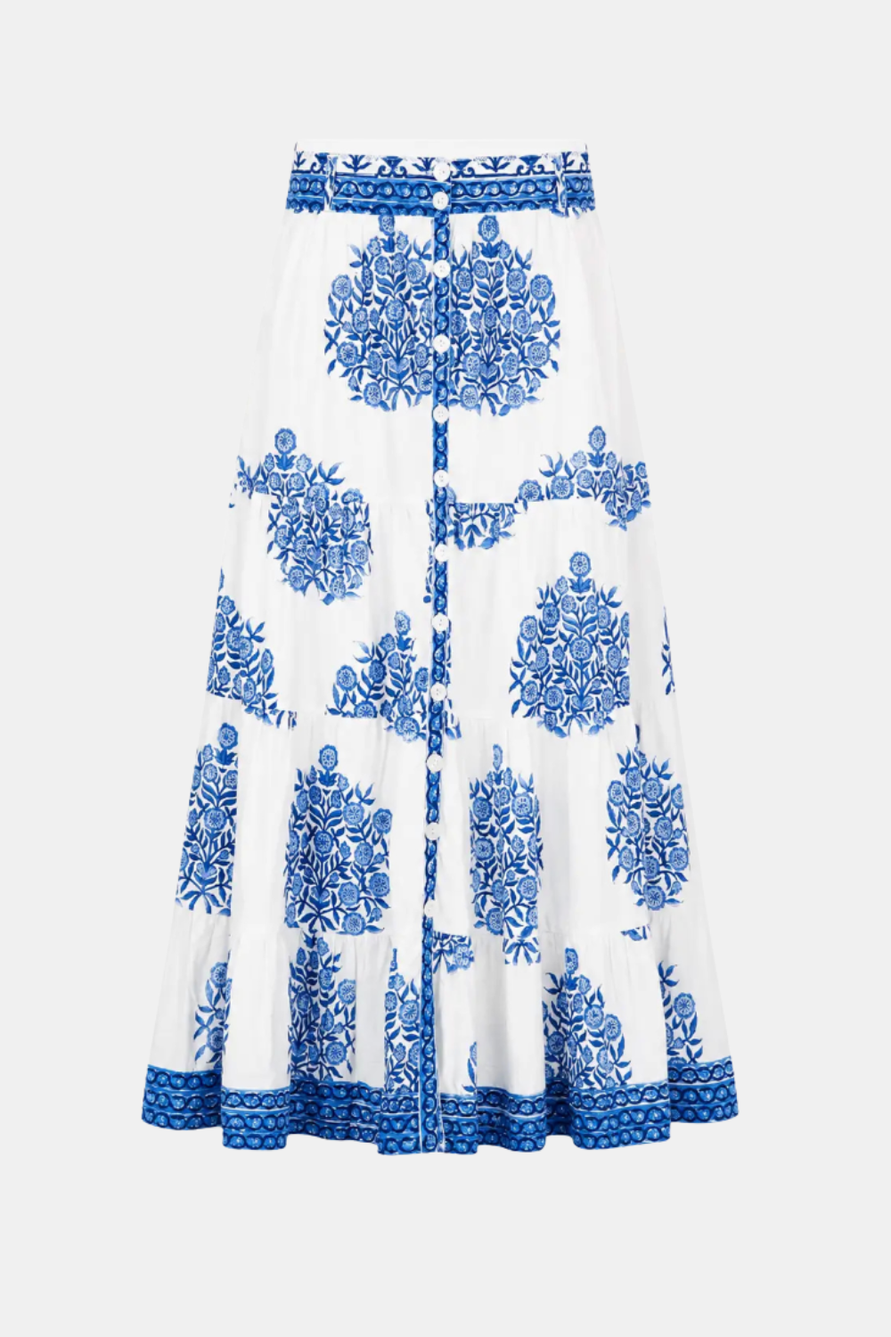 A white A-line midi skirt with a blue block-print floral pattern and a button-up front, shown against a light gray background.