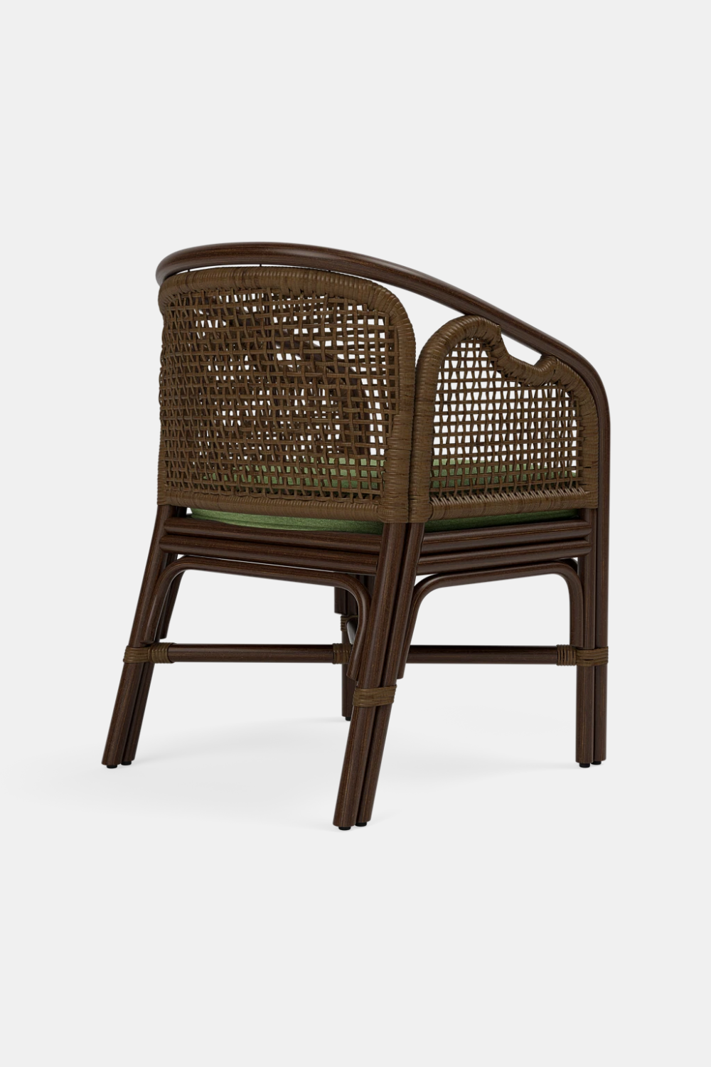 A dark brown rattan armchair with a woven cane backrest and seat, featuring a green cushion underneath, shown from a three-quarter angle against a light gray background.