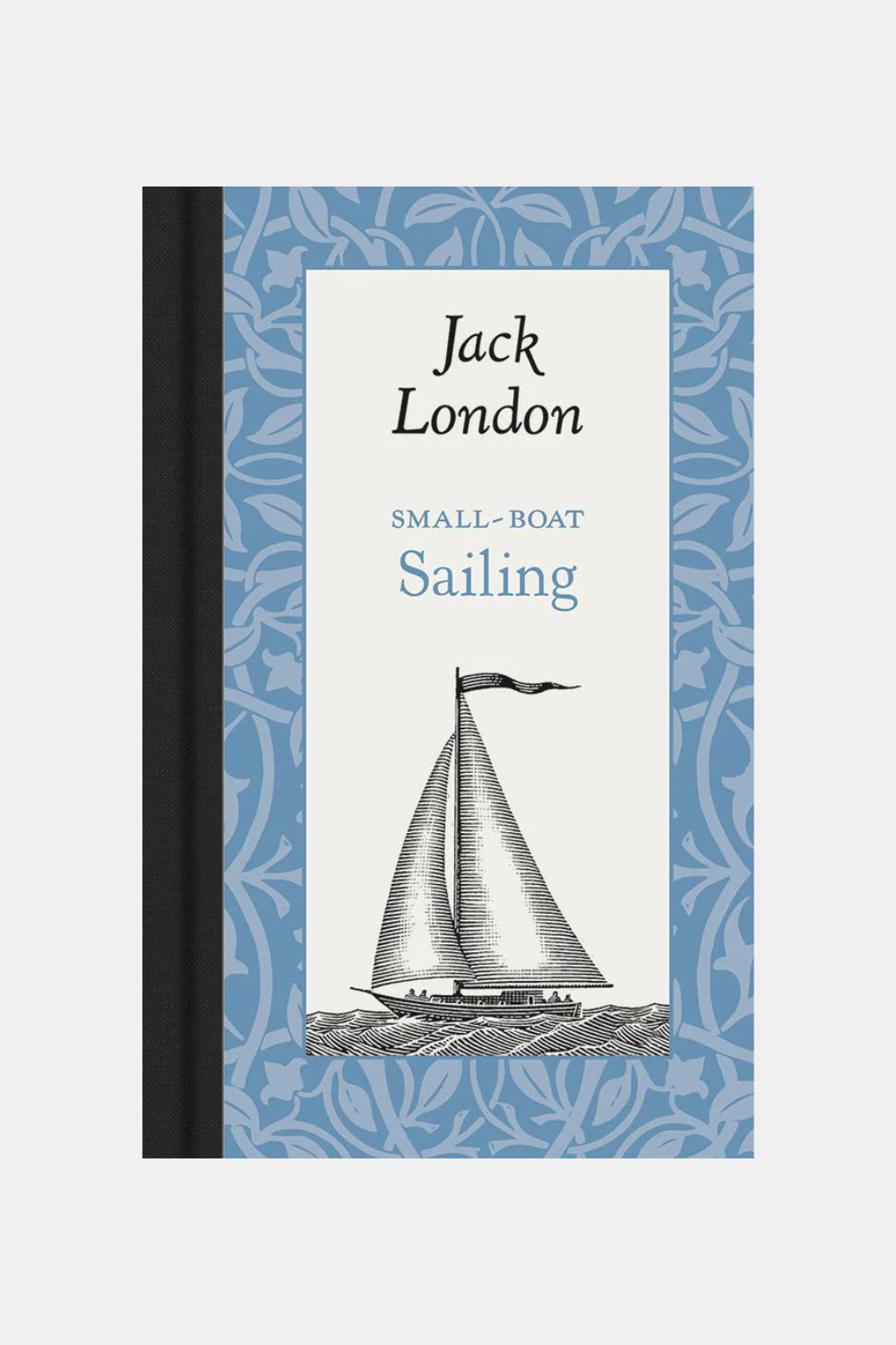 A book cover for 'Small-Boat Sailing' by Jack London, featuring a light blue patterned border, a white central panel with black text, and an illustration of a sailing boat on a light gray background.