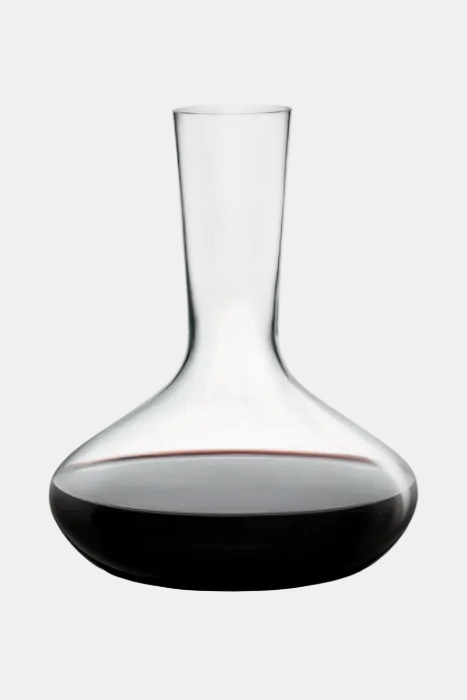 Wine decanter with red wine inside on a white background
