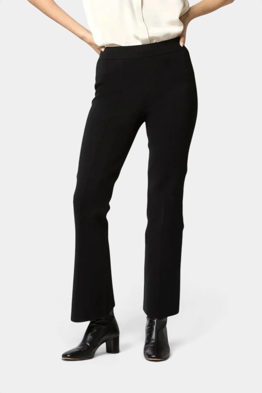 Ann Mashburn Lara knit cropped flare pants in black Supima cotton with a center seam and elastic waistband.