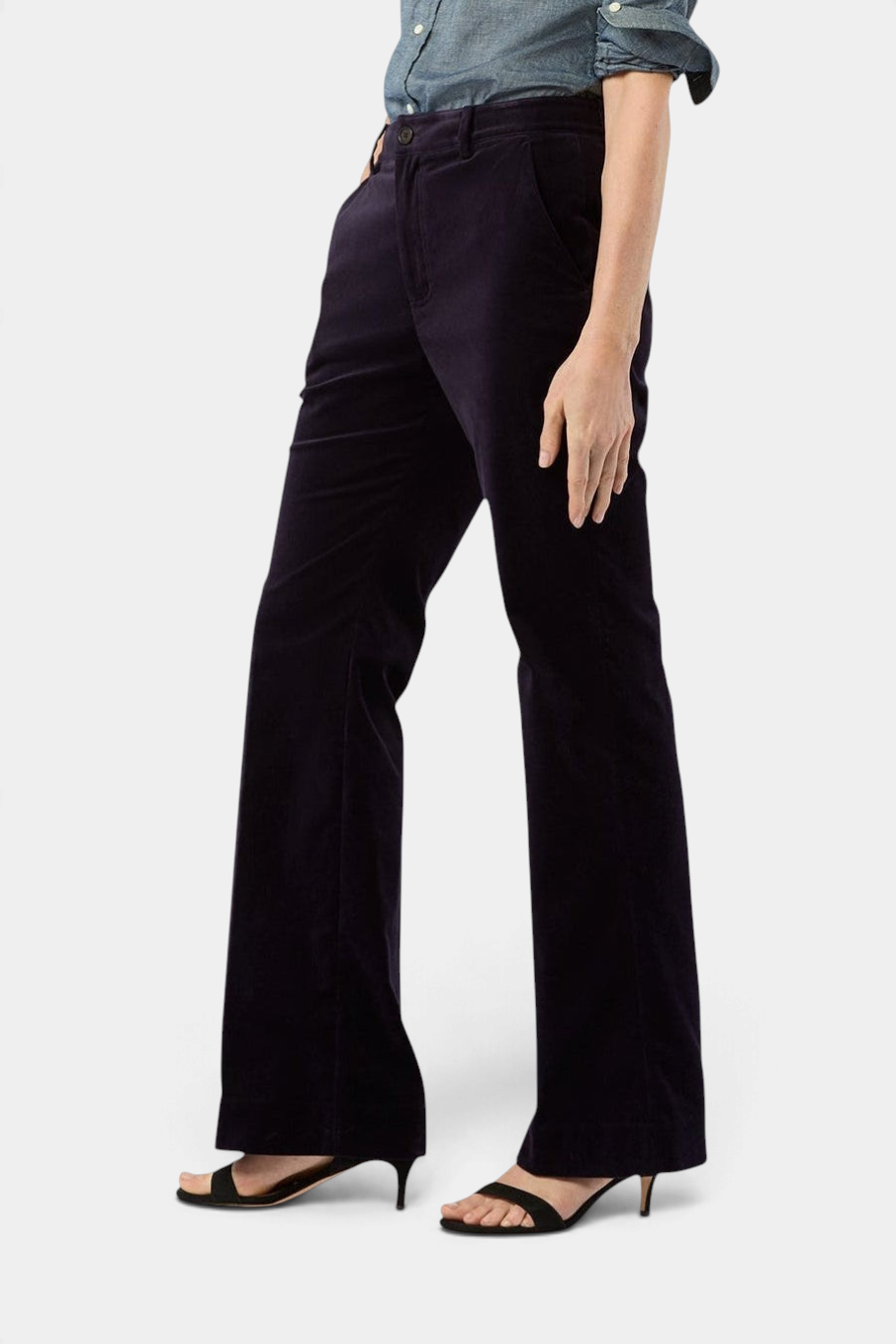 Ann Mashburn Lindy high-rise trousers in dark purple stretch cotton velveteen with a flared leg and front pockets.