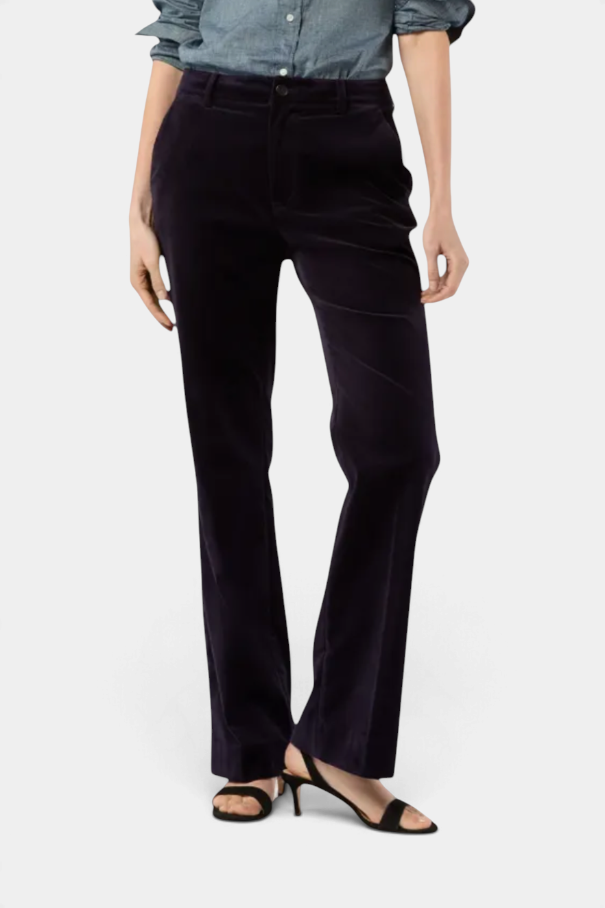 Ann Mashburn Lindy high-rise trousers in dark purple stretch cotton velveteen with a slim flared leg fit.