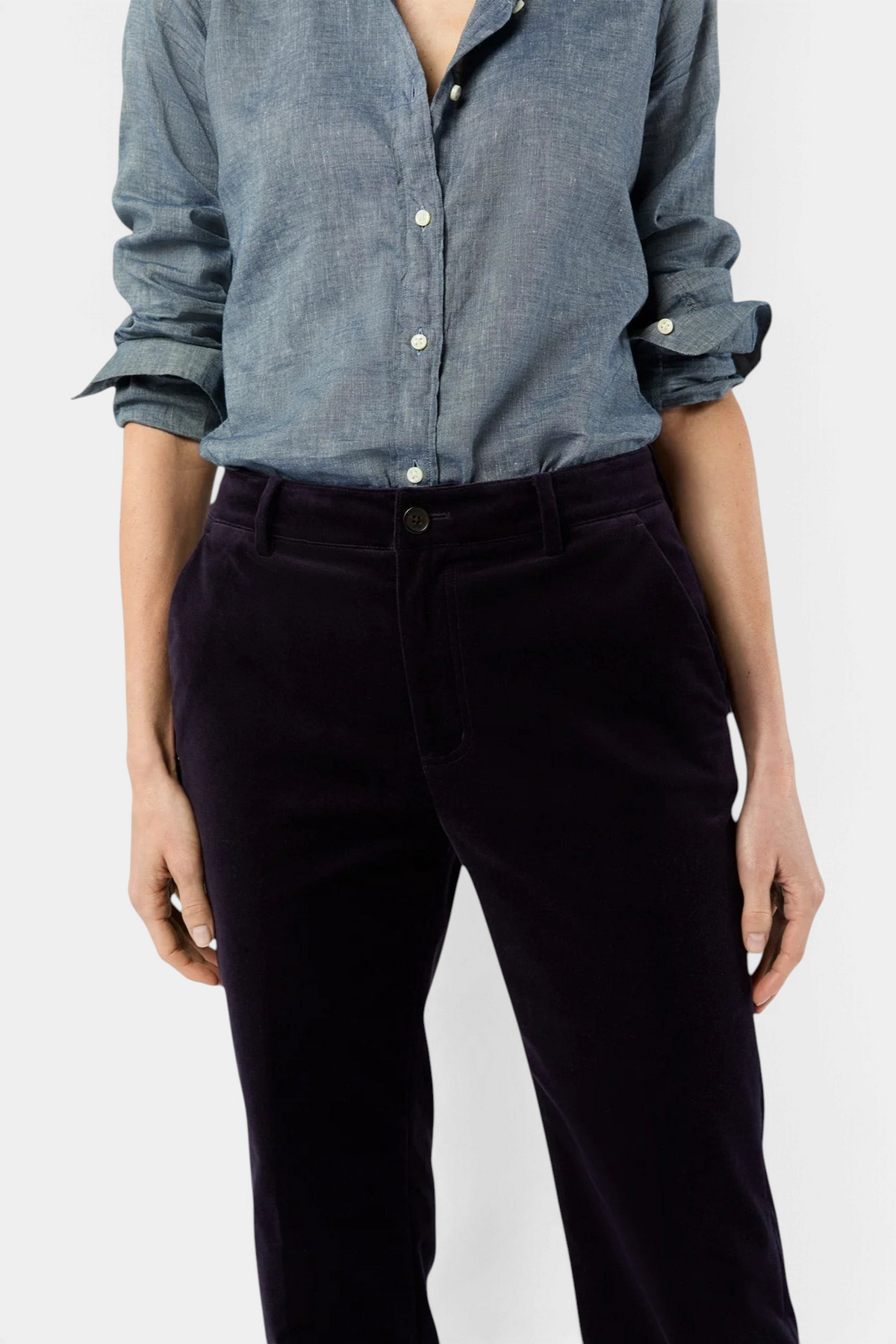 Ann Mashburn Lindy Trouser in dark purple stretch cotton velveteen with a high rise and front slant pockets