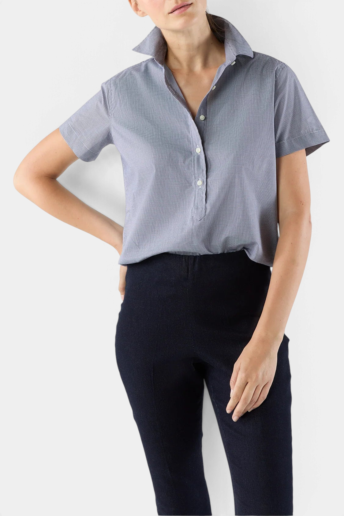 Ann Mashburn Scout Shirt in blue micro-check Italian cotton poplin with short sleeves and a popover placket.