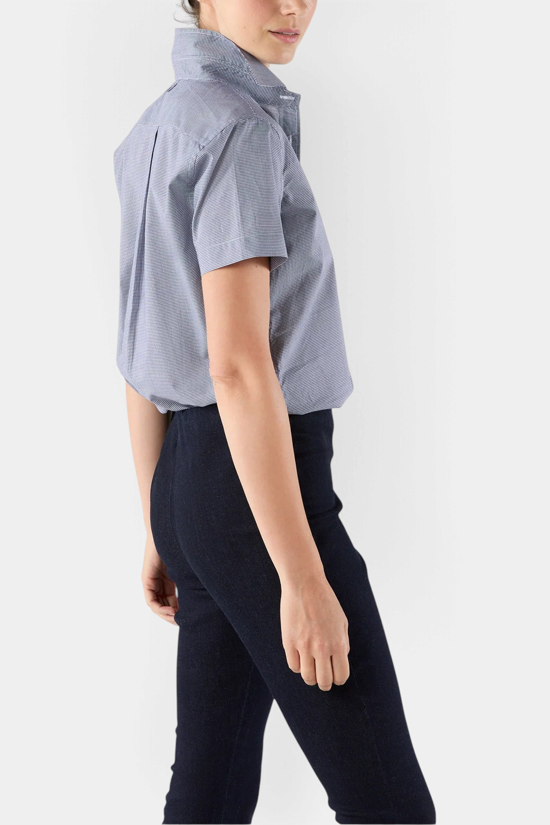 Ann Mashburn Scout Shirt in blue Italian cotton poplin with short sleeves and a popover placket, side view