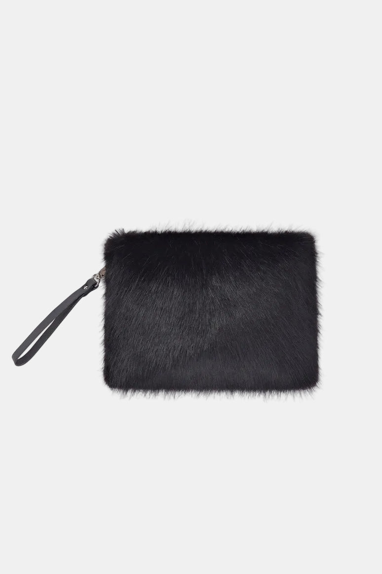 A black faux fur wristlet clutch with a matching black wrist strap and a silver zipper, shown against a plain white background.