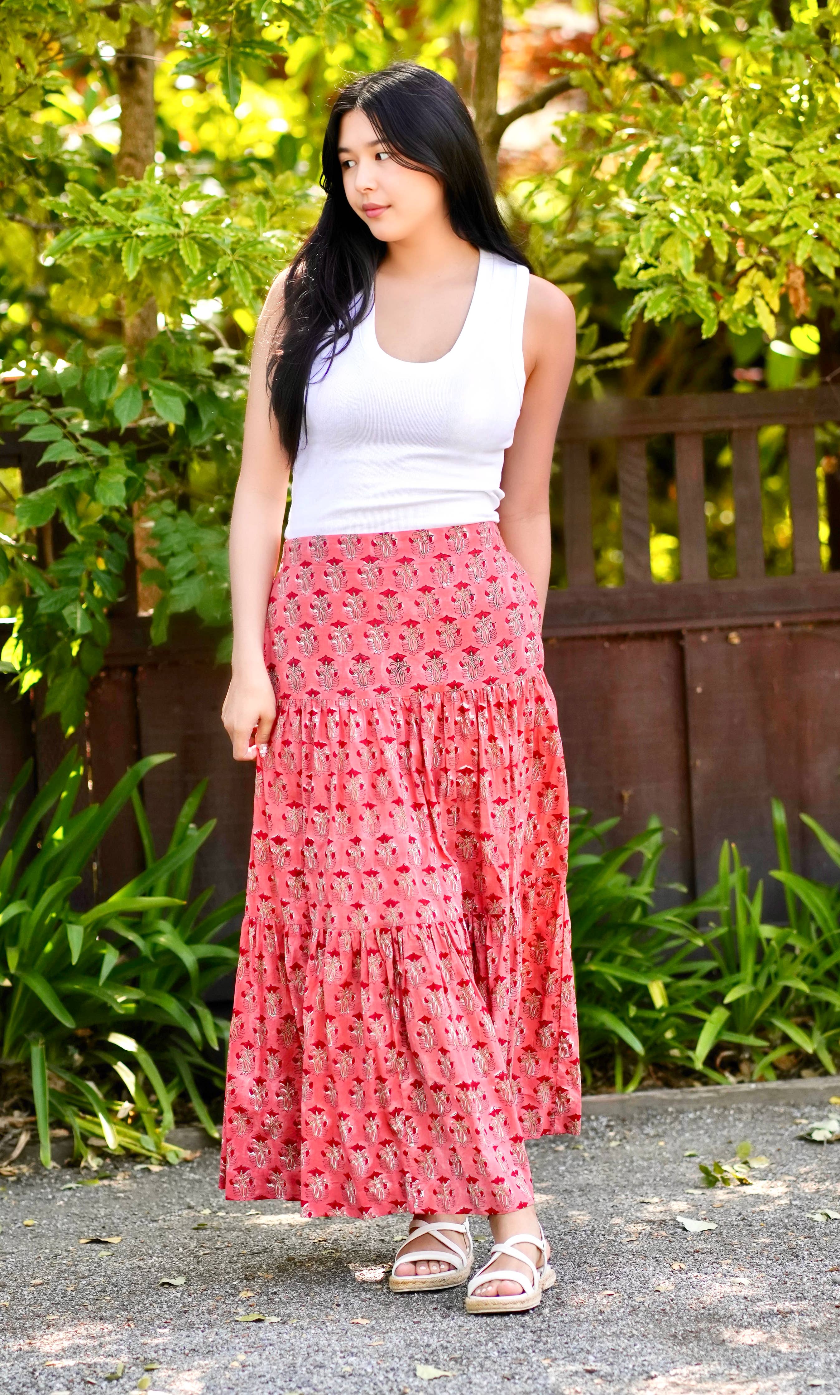 Block Printed Tiered Cotton Skirt-Coral 