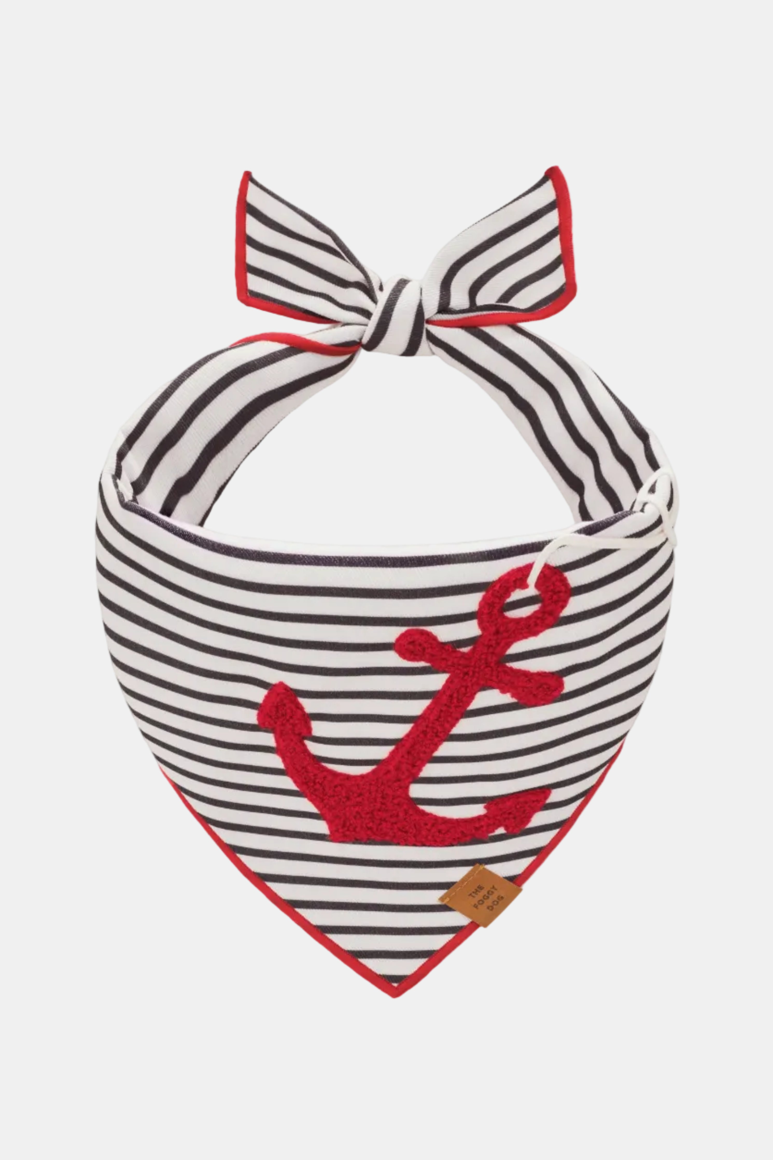Striped bandana with a red anchor design on a white background