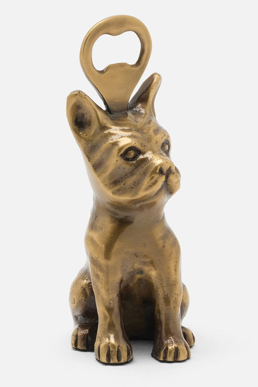 Bronze bulldog bottle opener on a white background