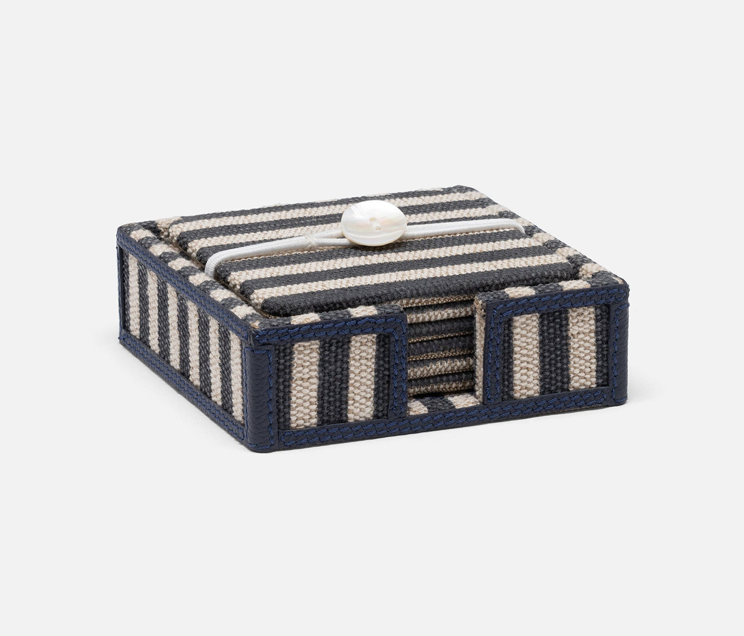 A woven rectangular box with a striped navy blue and beige pattern, featuring a small white pearl accent on the lid, set against a plain light gray background.