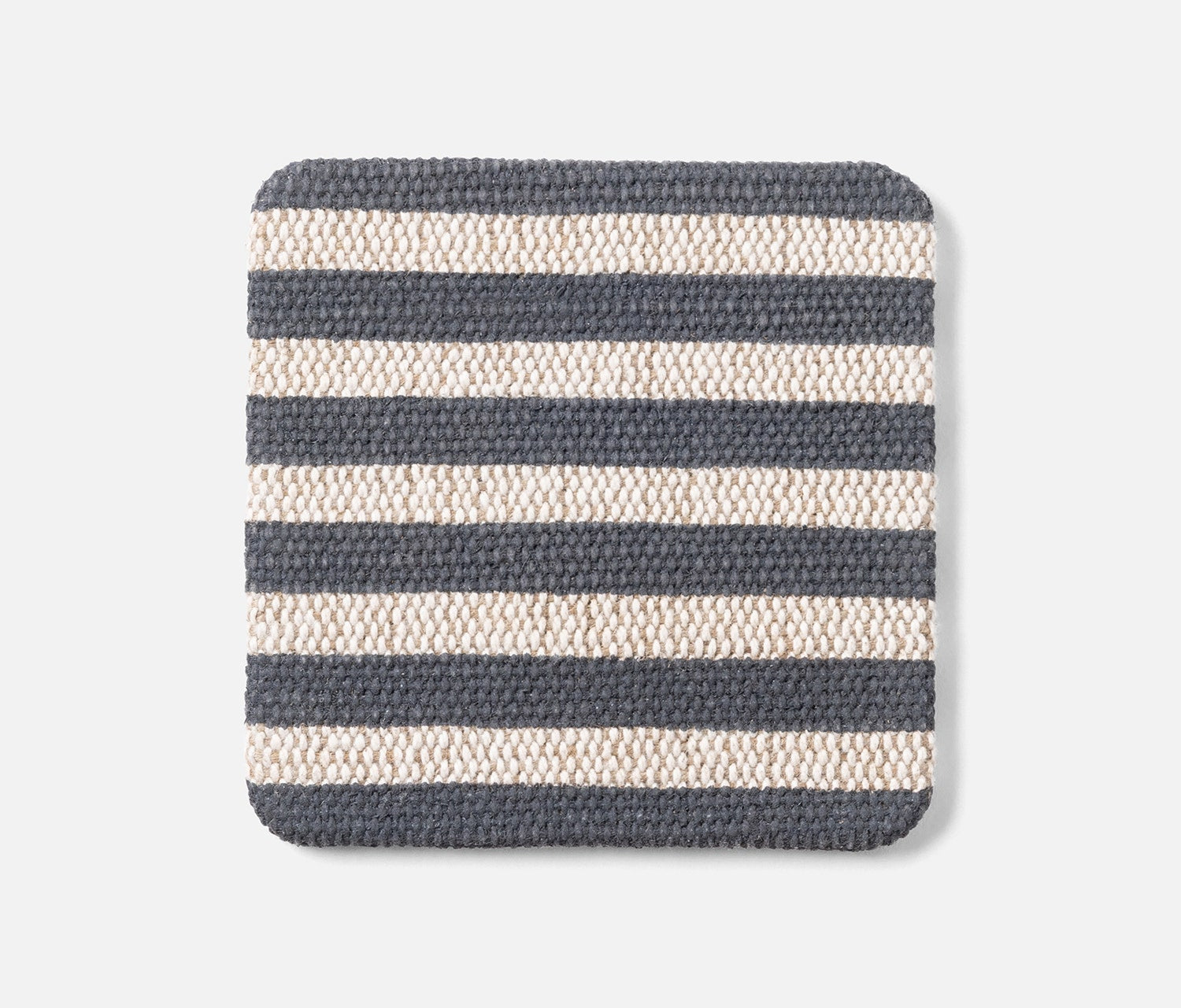A square woven coaster with rounded corners, featuring horizontal stripes in dark charcoal gray and cream, shown on a light gray background.