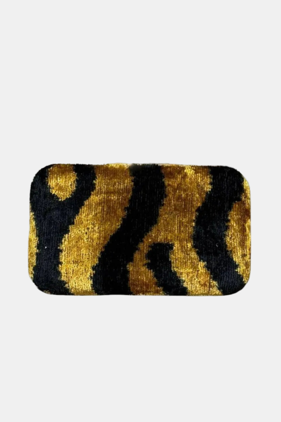 A rectangular clutch bag with rounded corners, featuring a textured gold and black tiger-stripe pattern, shown against a plain white background.
