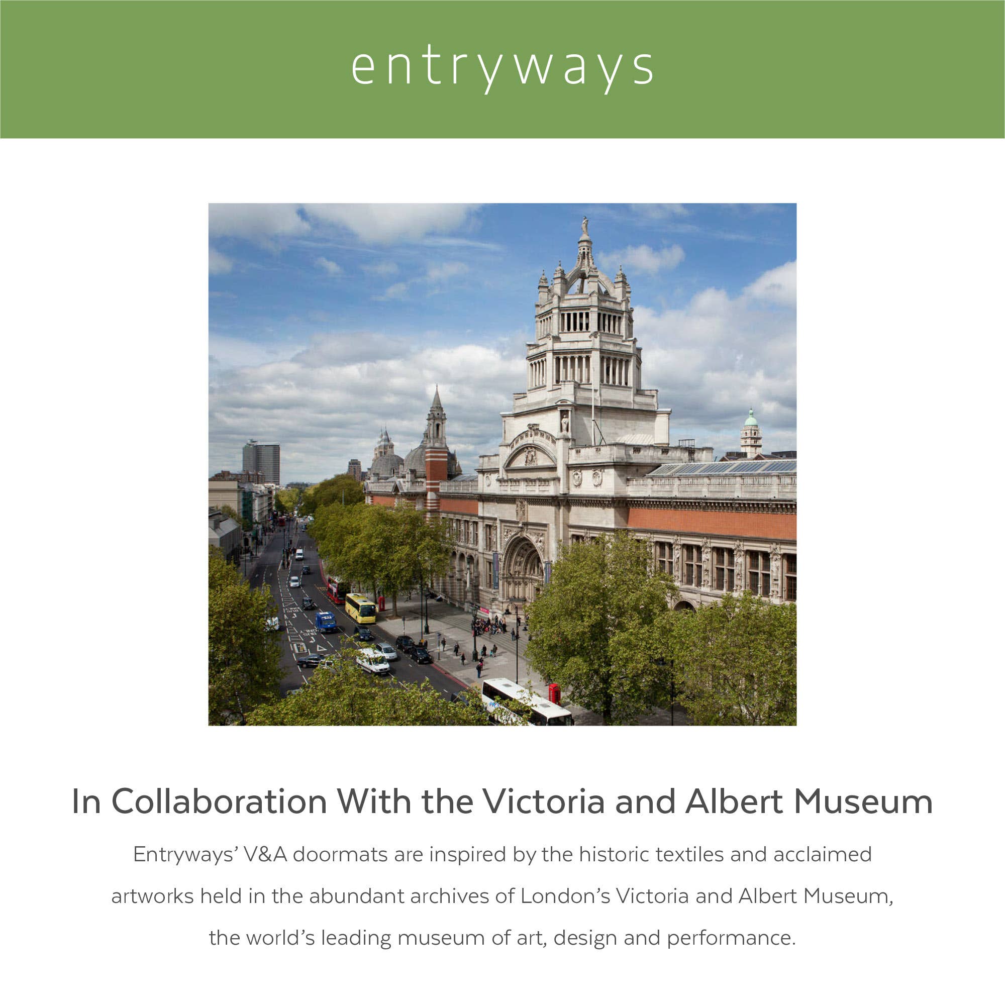 Victoria and Albert Museum with 'entryways' branding and text about collaboration.