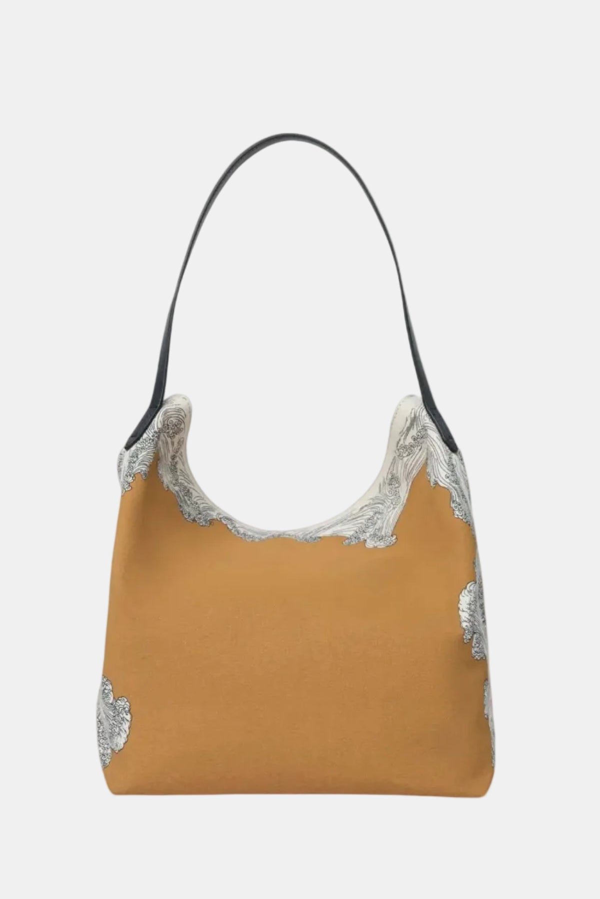 Mustard yellow handbag with lace detailing on a white background