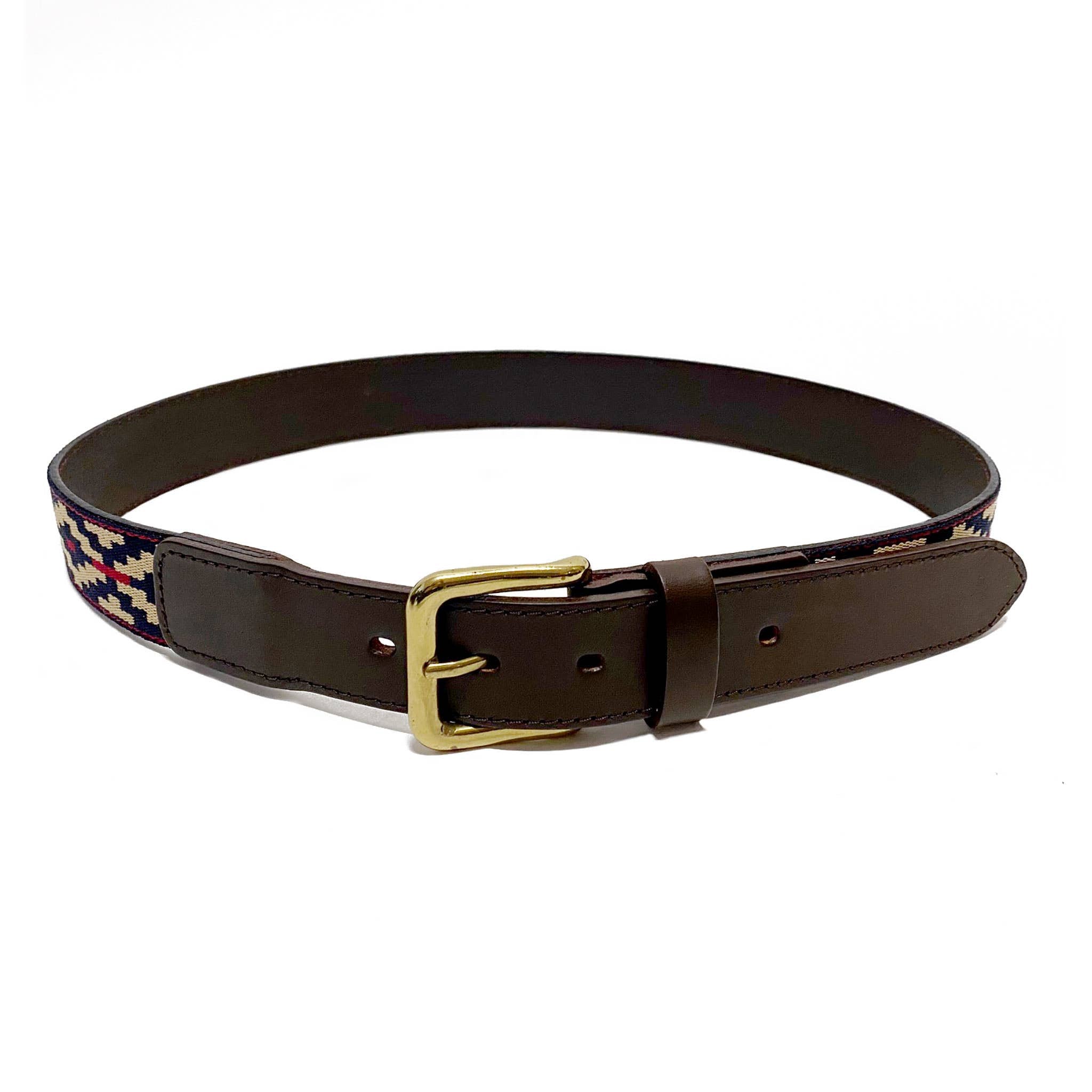 Brown belt with a gold buckle on a white background