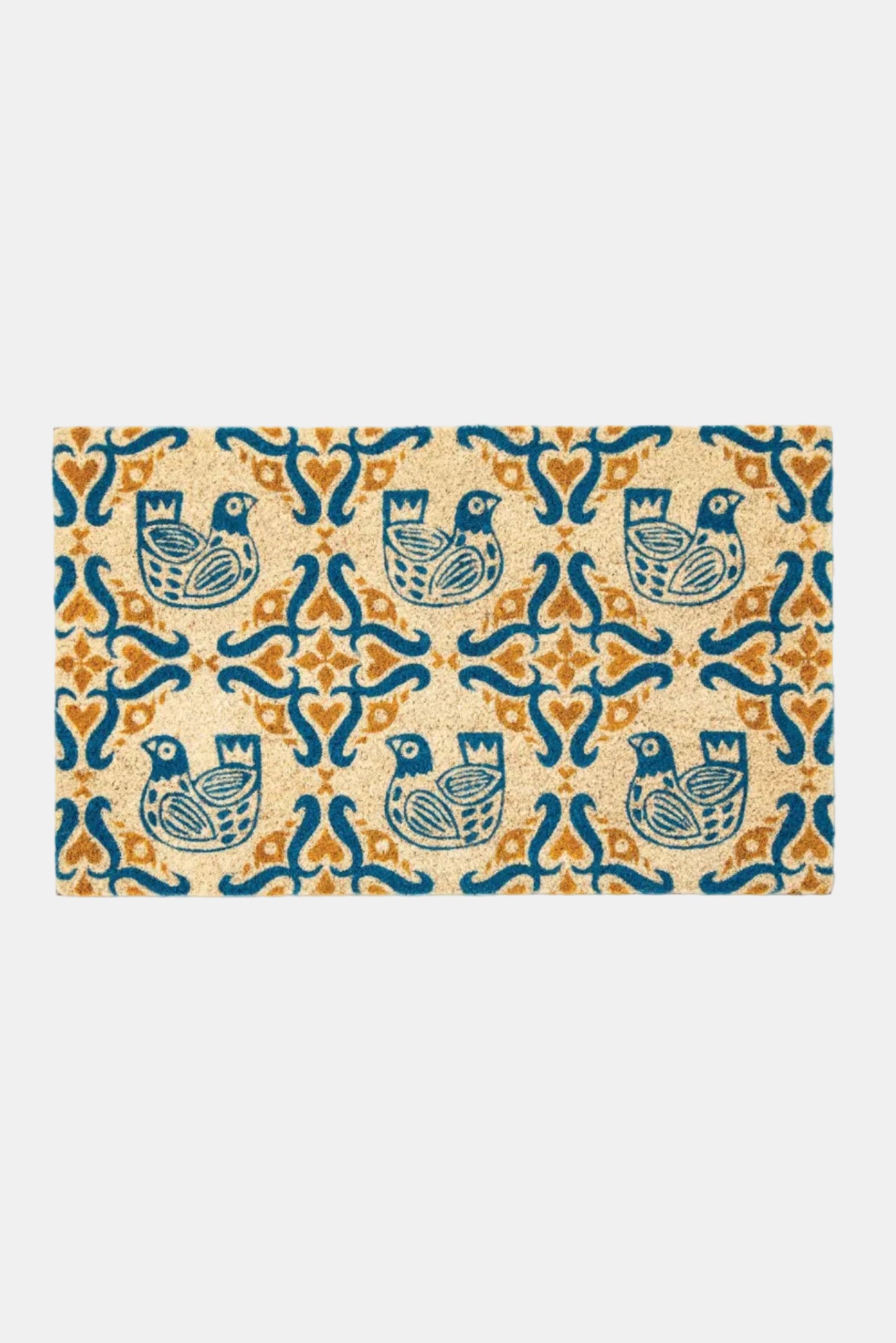 Doormat with blue and orange pattern on a beige background