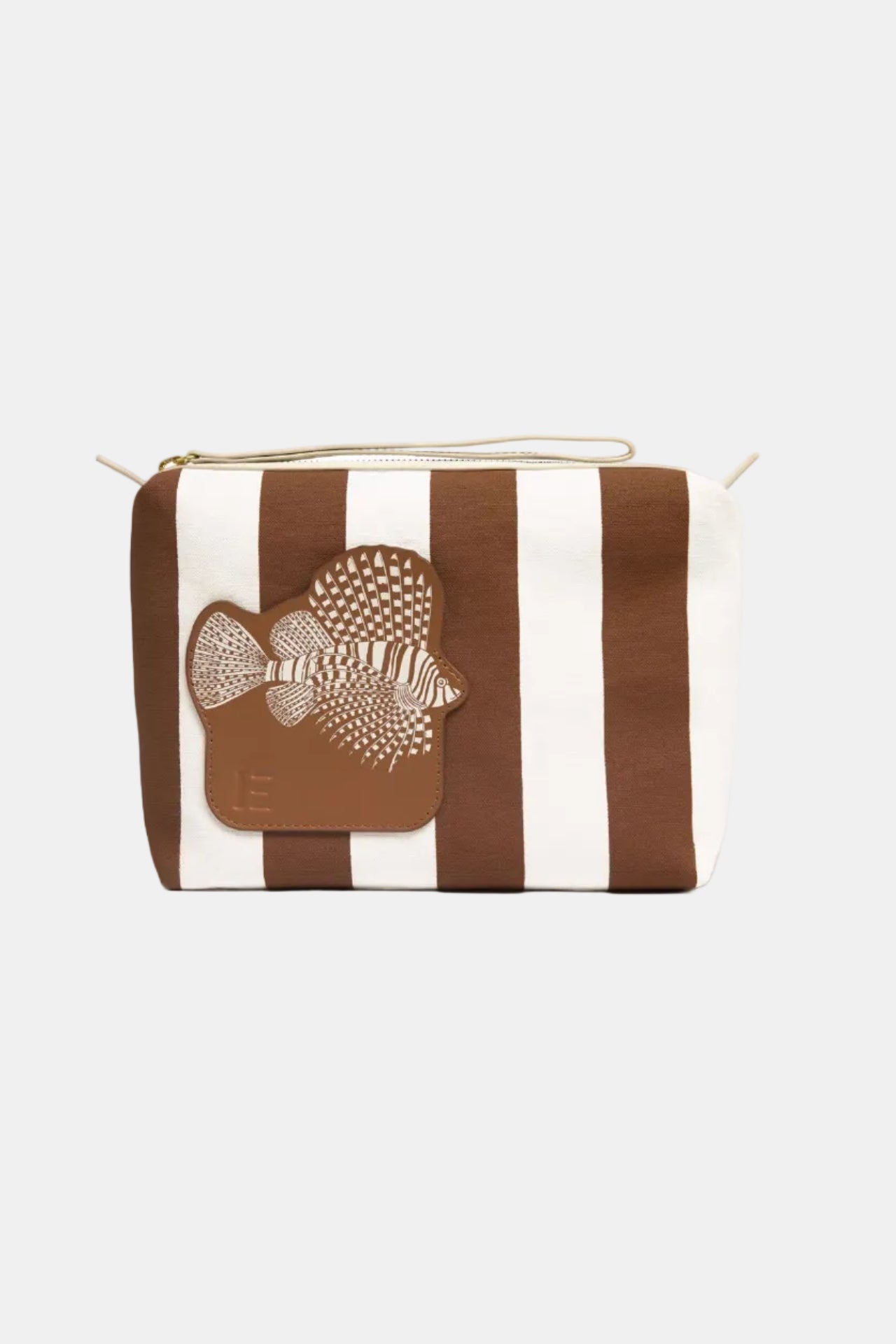 Striped pouch with fish design on a white background