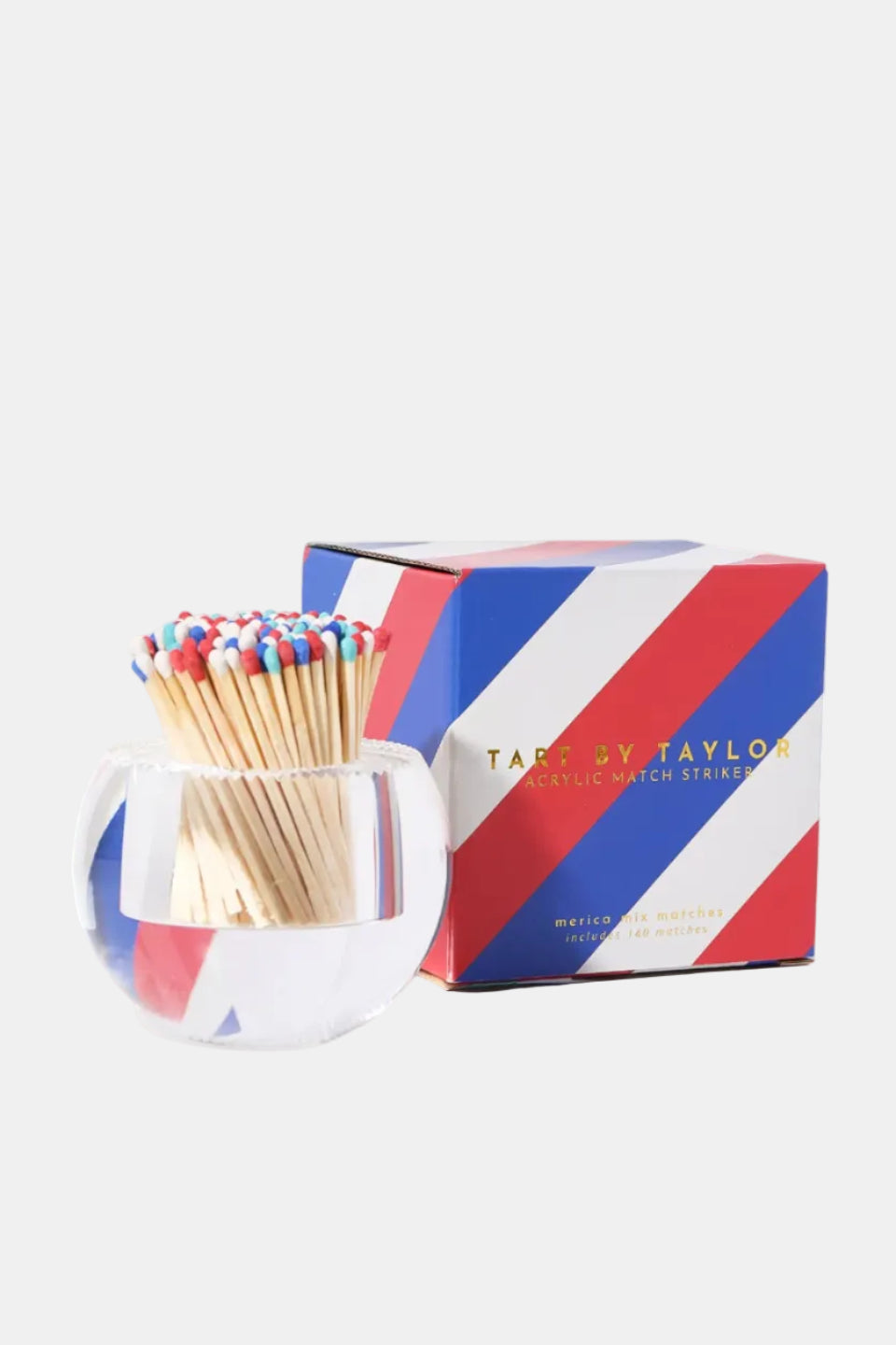 Match striker with colorful matches and striped packaging on a white background