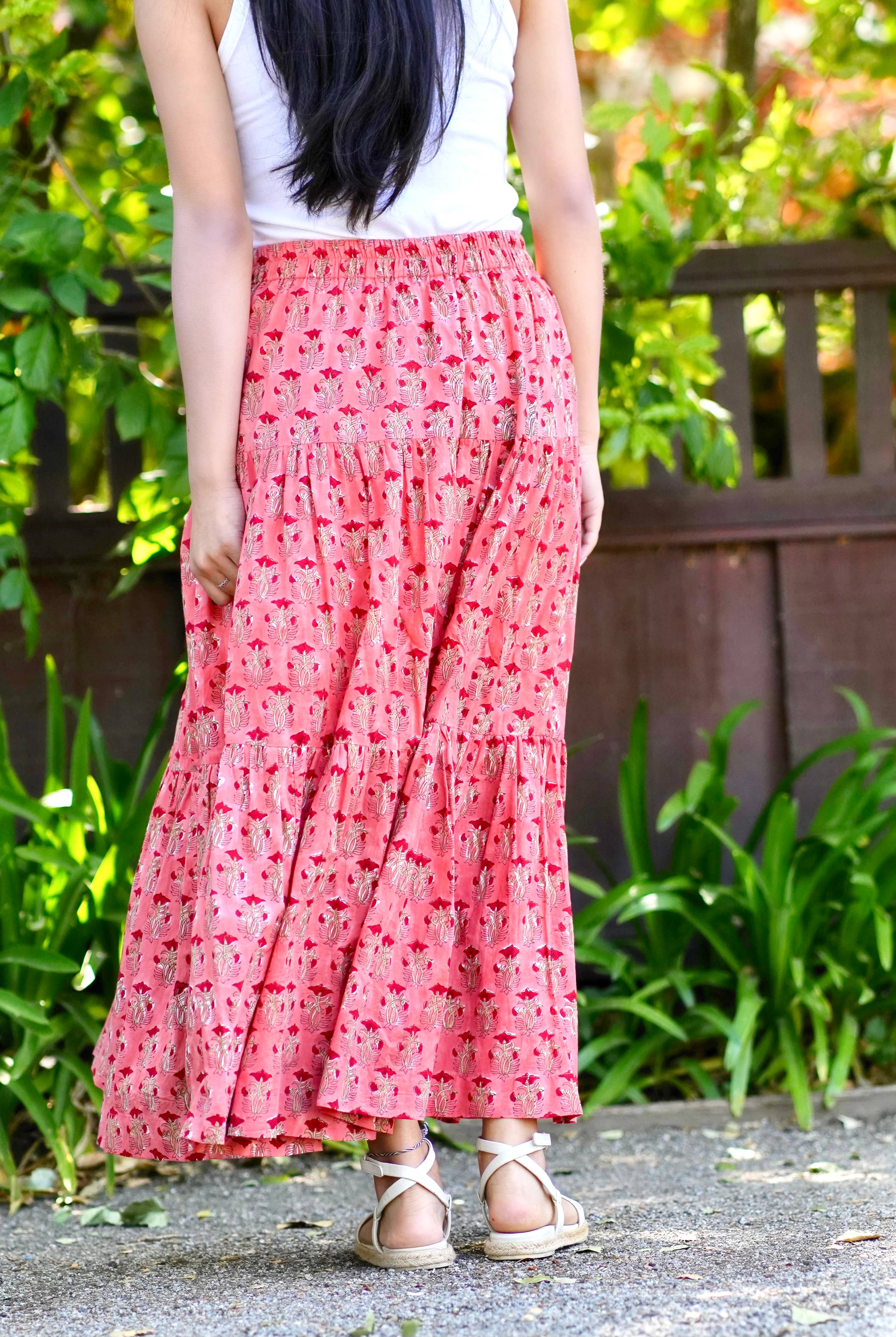Block Printed Tiered Cotton Skirt-Coral 