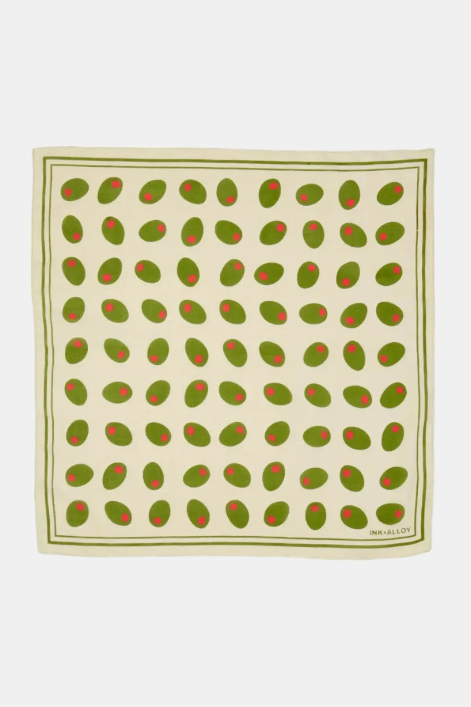 Square scarf with green and red pattern on a white background
