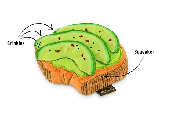 Avocado-themed plush toy with crinkles and a squeaker on a white background