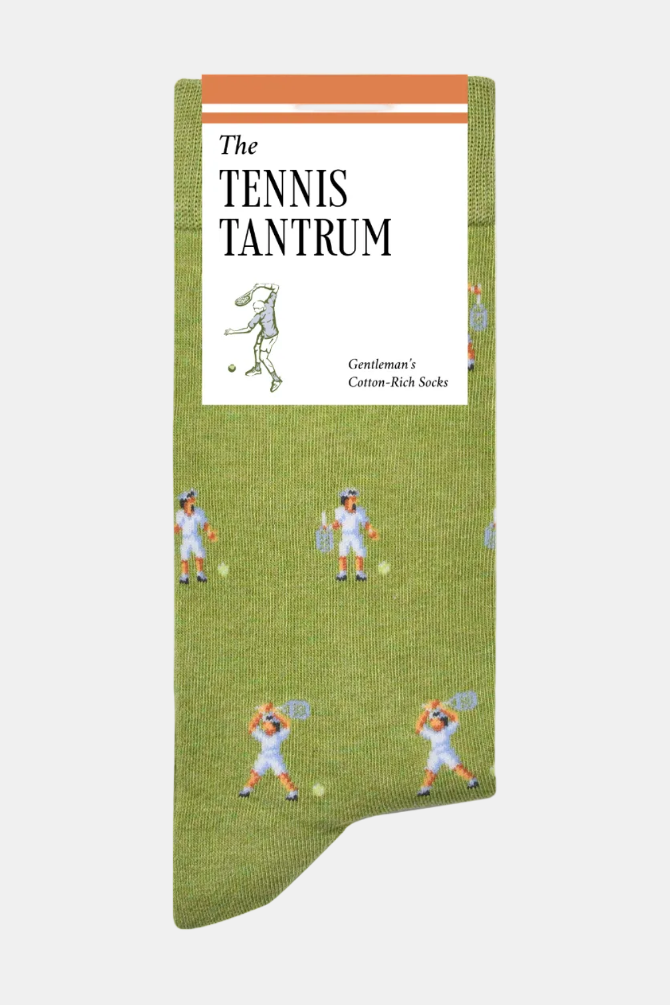 Green sock with tennis player design and 'The Tennis Tantrum' packaging on a white background