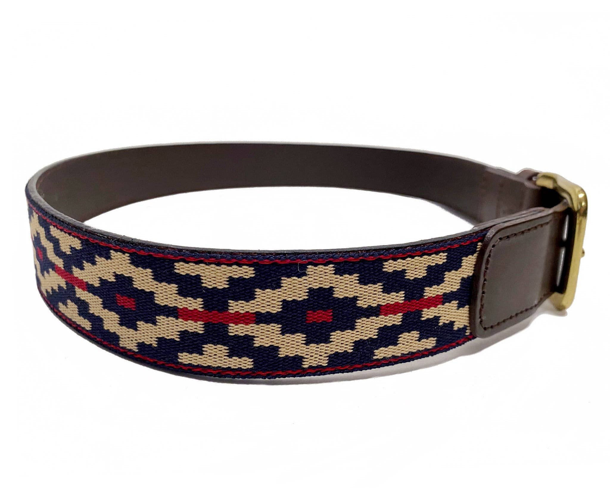 Dog collar with a patterned strap on a white background