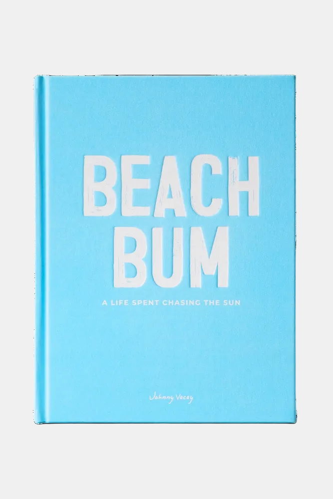 Blue book titled 'Beach Bum' with white text on a white background