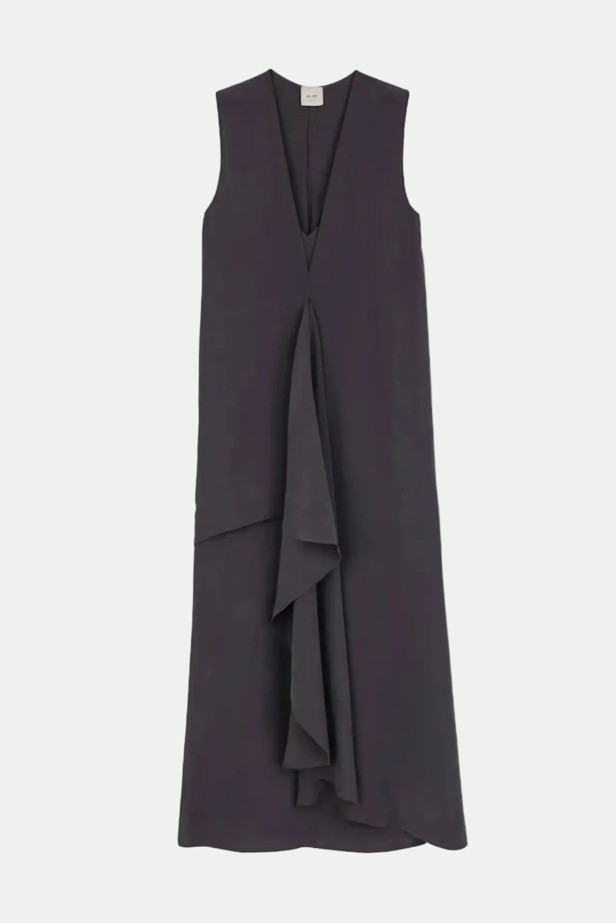 A sleeveless dark gray midi dress with a deep V-neckline and a draped ruffle detail at the waist, shown against a plain light gray background.