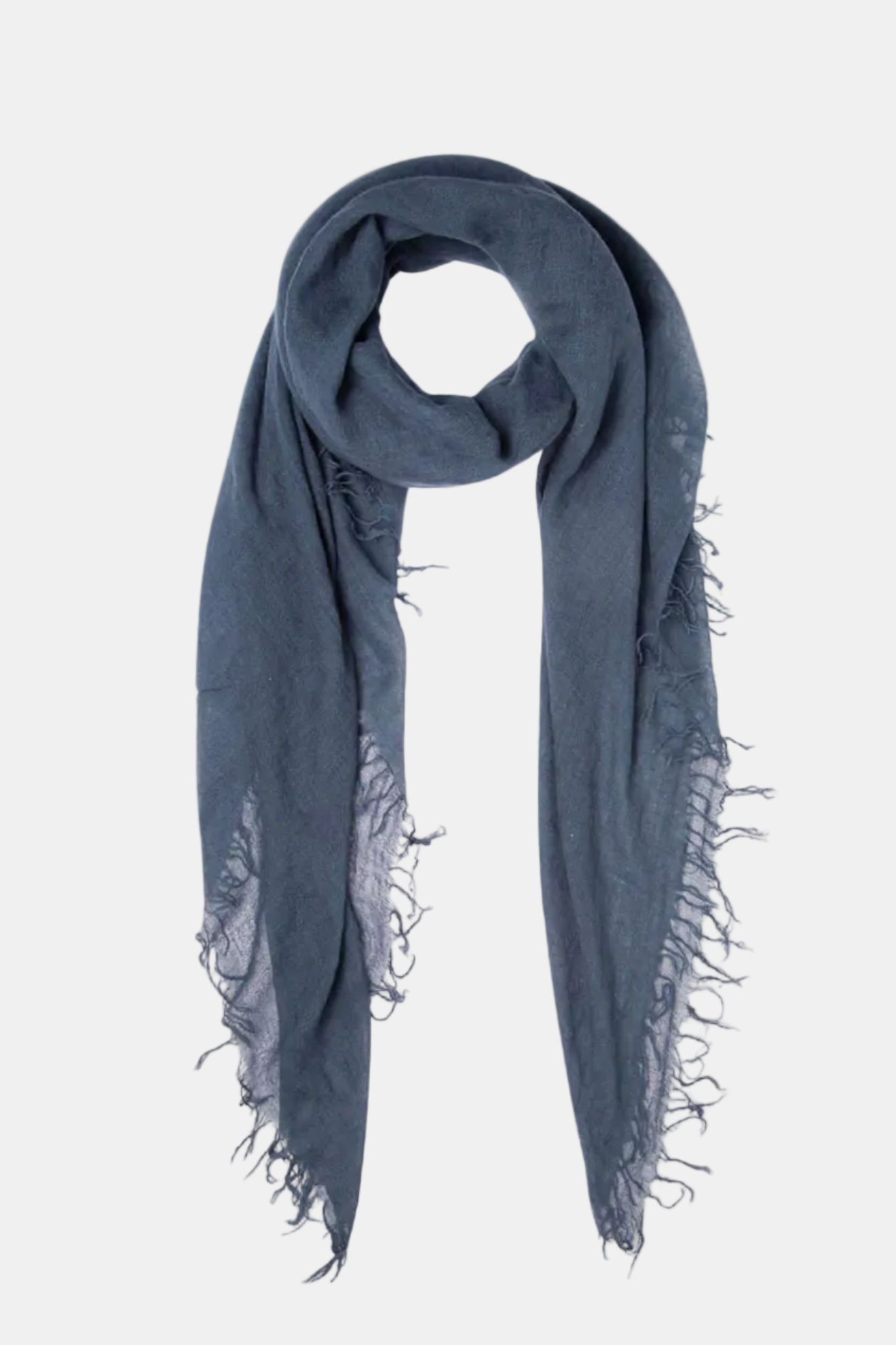 Blue scarf with frayed edges on a white background