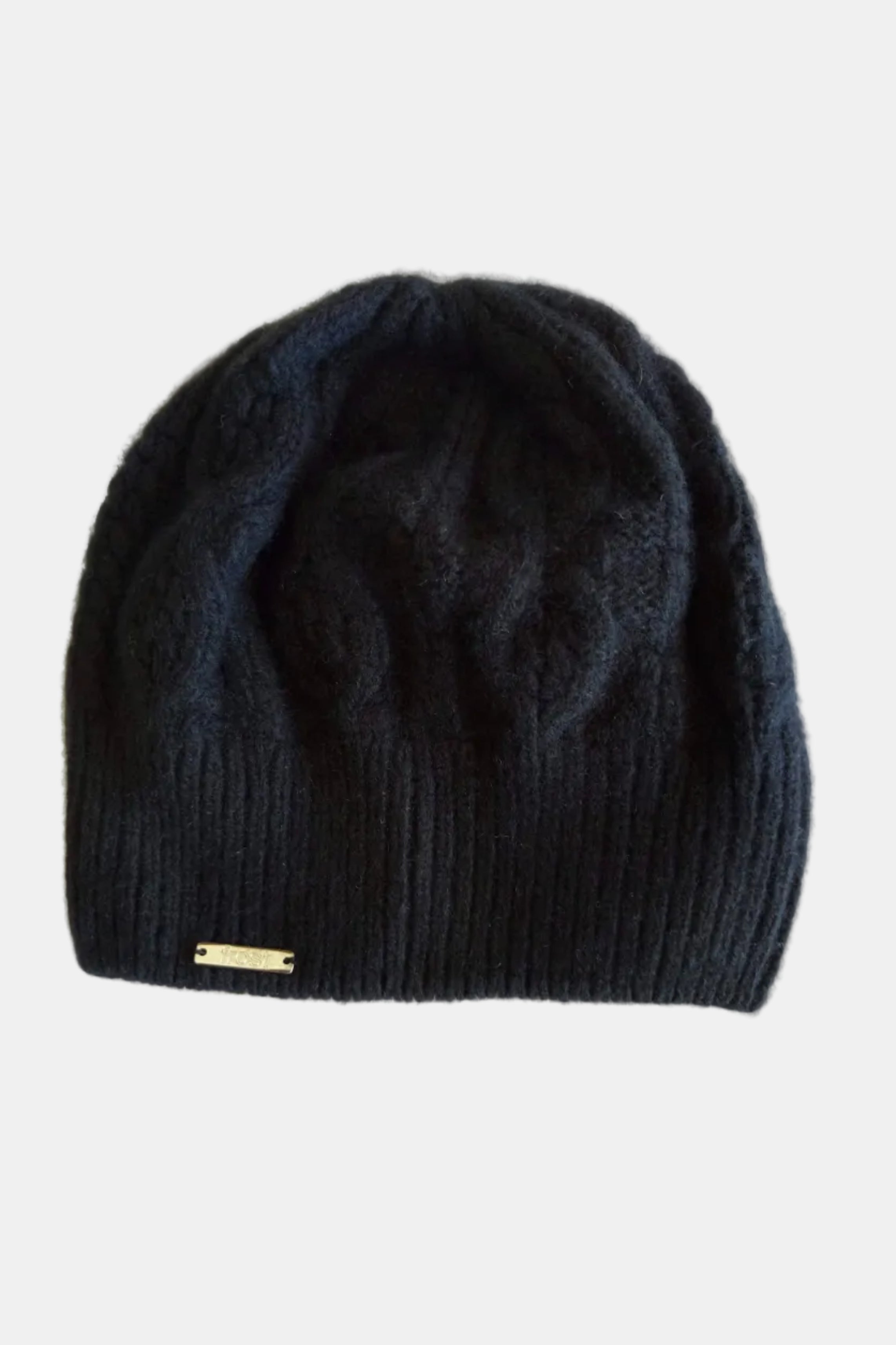 Dark blue knit beanie with a gold tag on a white background