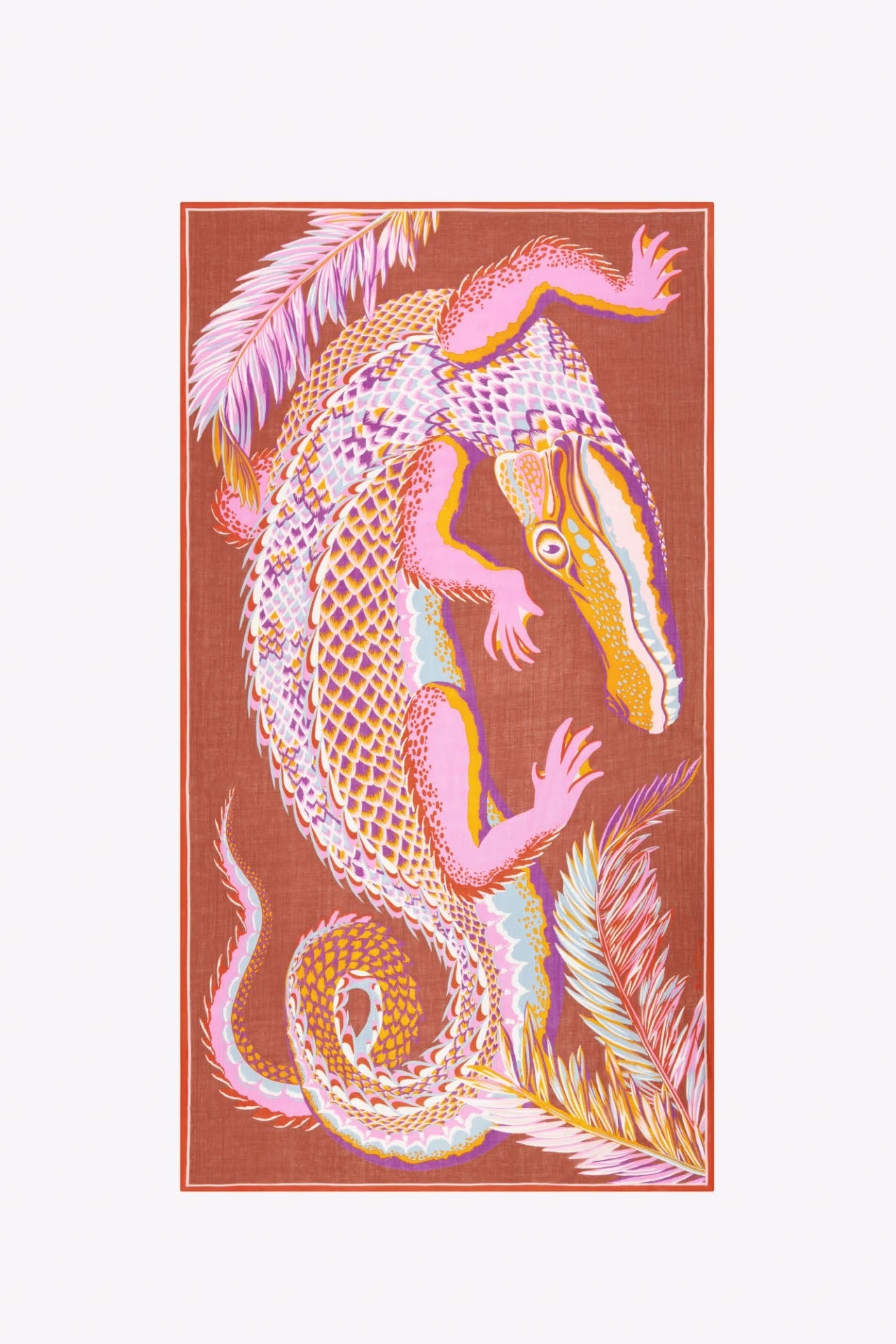 A rectangular textile featuring a stylized crocodile or alligator illustration in pink, yellow, orange, and white on a terracotta background, shown flat against a light gray backdrop.