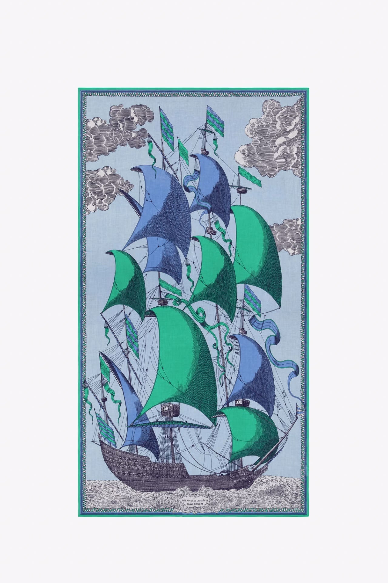 Decorative towel with a ship design on a light blue background
