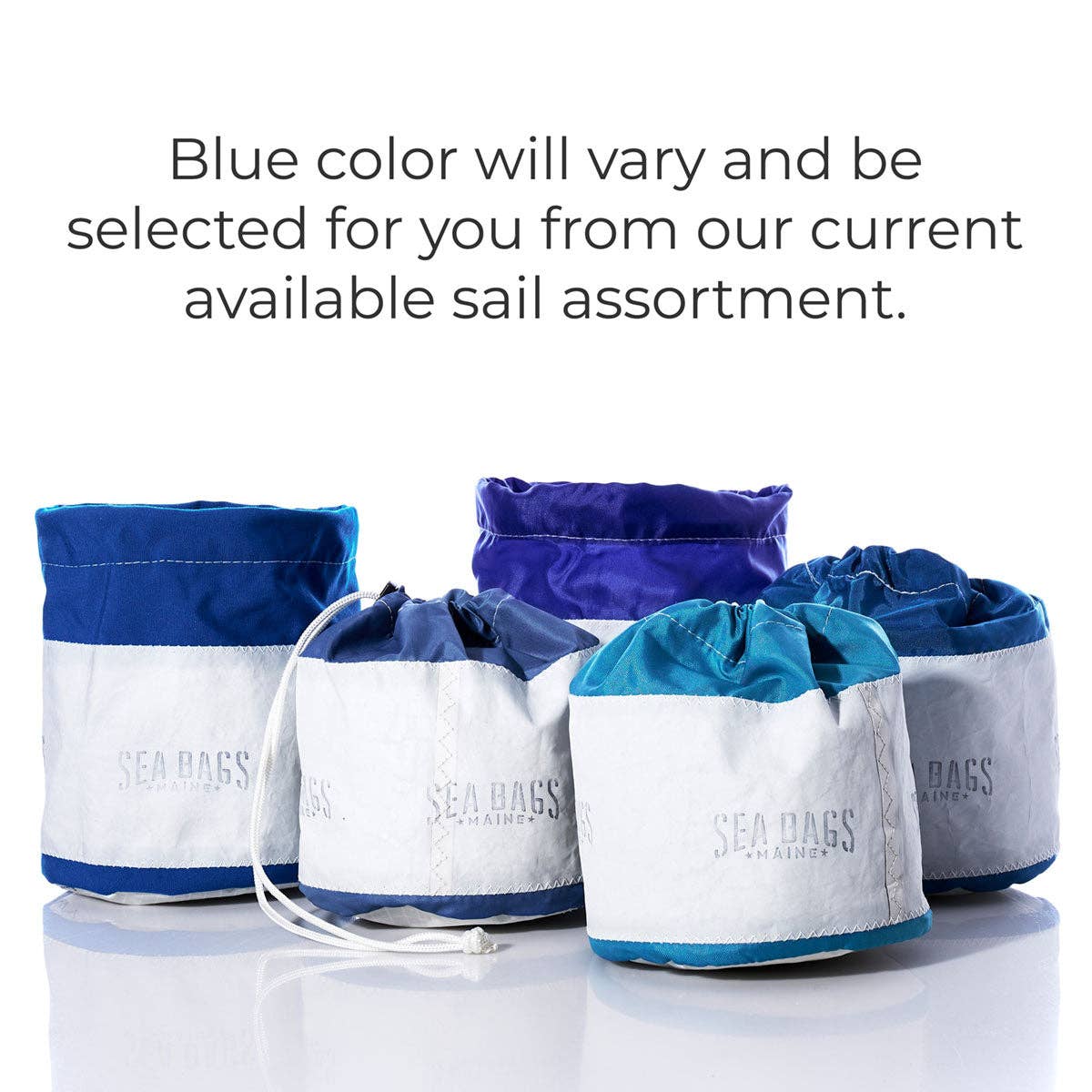 Five drawstring bags with blue and white color scheme on a white background.
