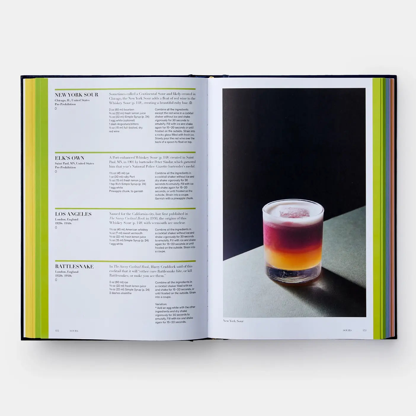 Open book showing a cocktail recipe with a colorful drink on a white background