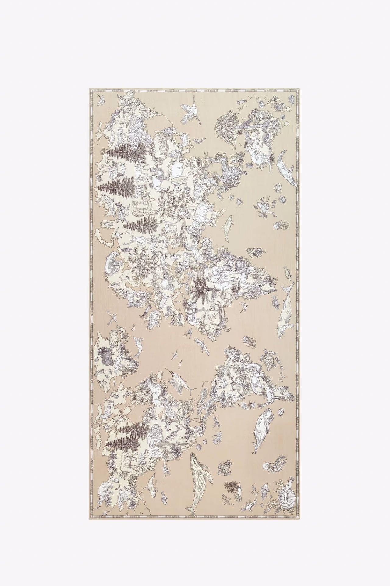 A rectangular beige rug featuring an intricate, vintage-style silver and gray map-like illustration with continents and decorative border details, shown against a plain light gray background.