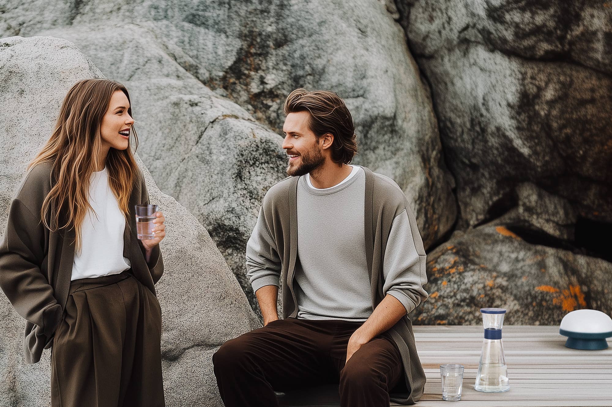 Man and woman sitting outdoors by large rocks with a table in front of them.