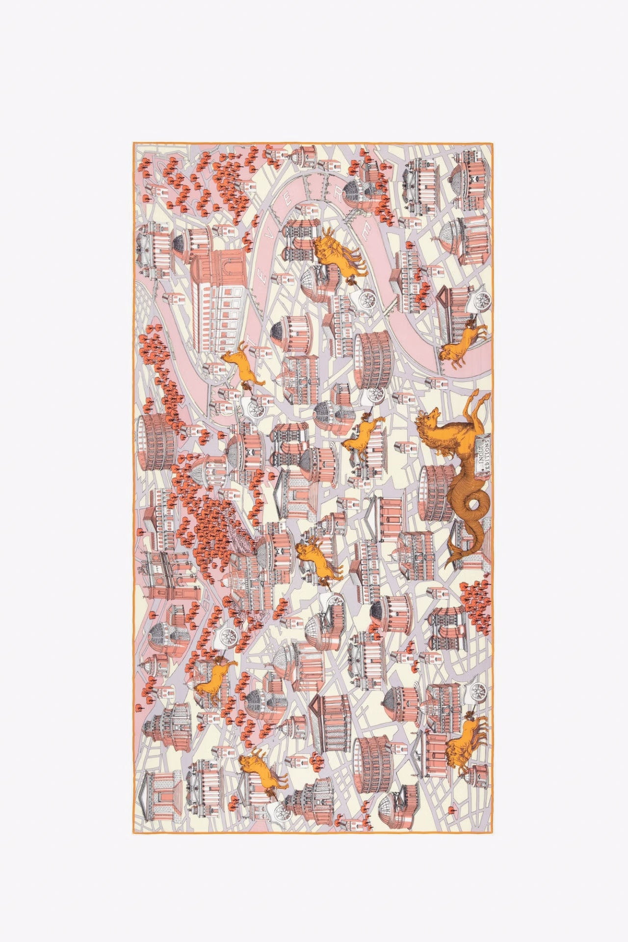 Patterned fabric with orange and gray design on a white background